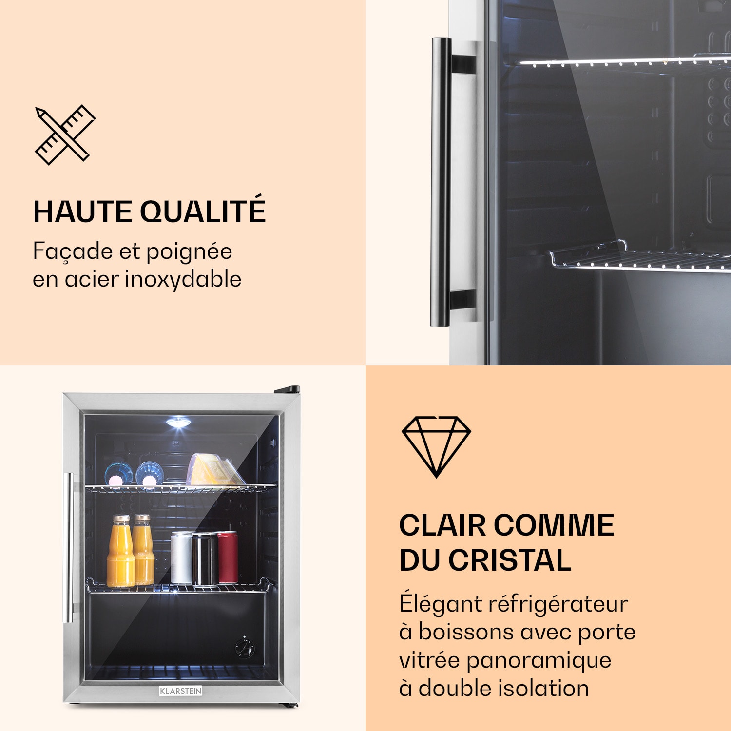 Beersafe XL Réfrigérateur 60 litres 2 étagères Porte en verre panoramique Acier inoxydable 60 L | Acier Inoxydable