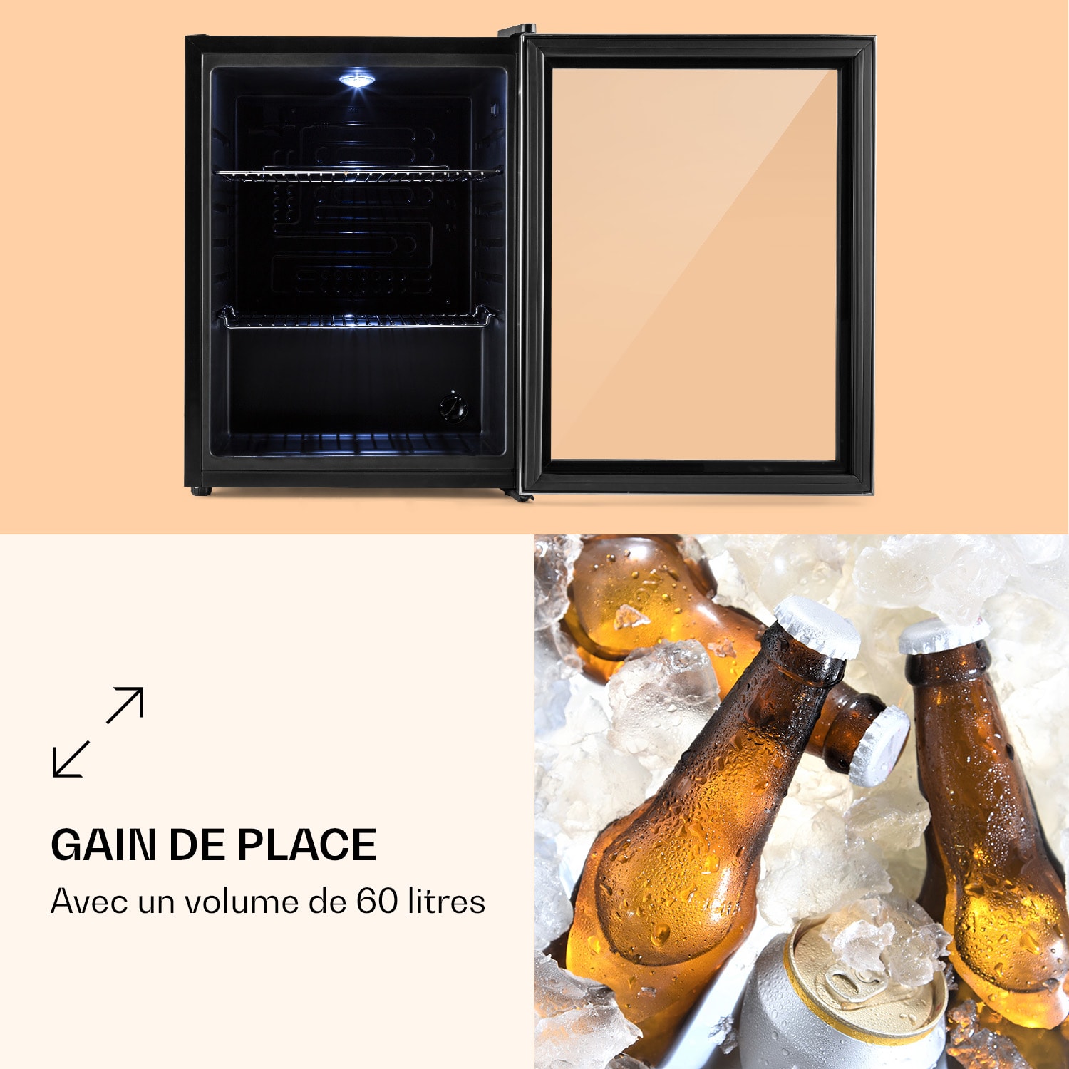 Beersafe XL Réfrigérateur 60 litres 2 étagères Porte en verre panoramique Acier inoxydable 60 L | Acier Inoxydable