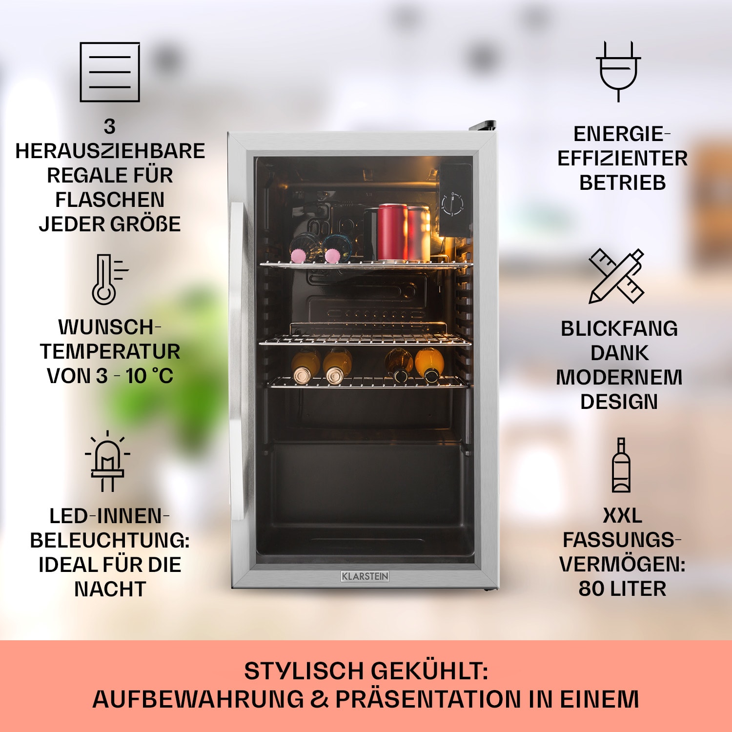Beersafe XXL Kühlschrank 80 Liter 3 Böden Panoramaglastür Edelstahl 80 L | Schwarz | Silber