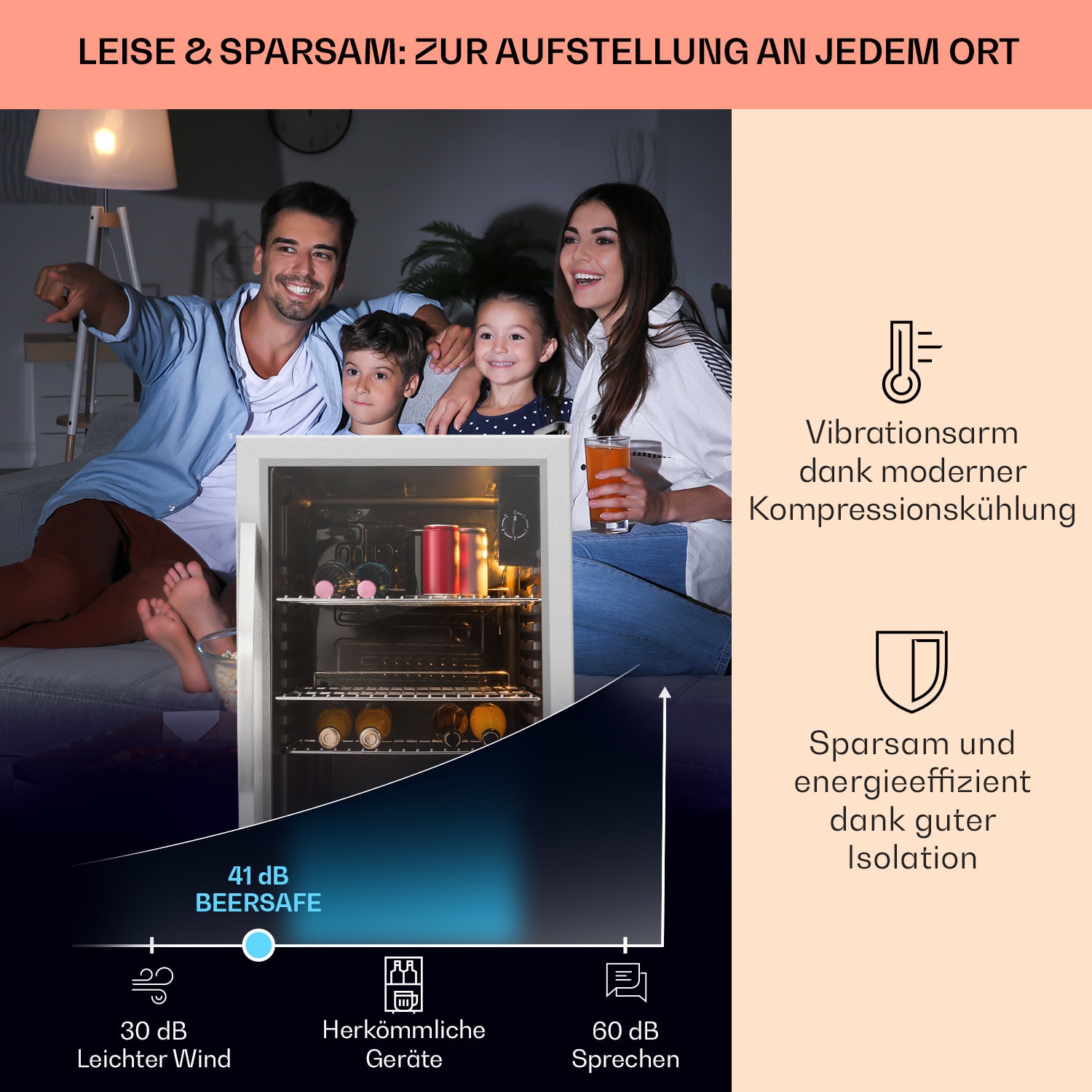 Beersafe XXL Kühlschrank 80 Liter 3 Böden Panoramaglastür Edelstahl 80 L | Schwarz | Silber