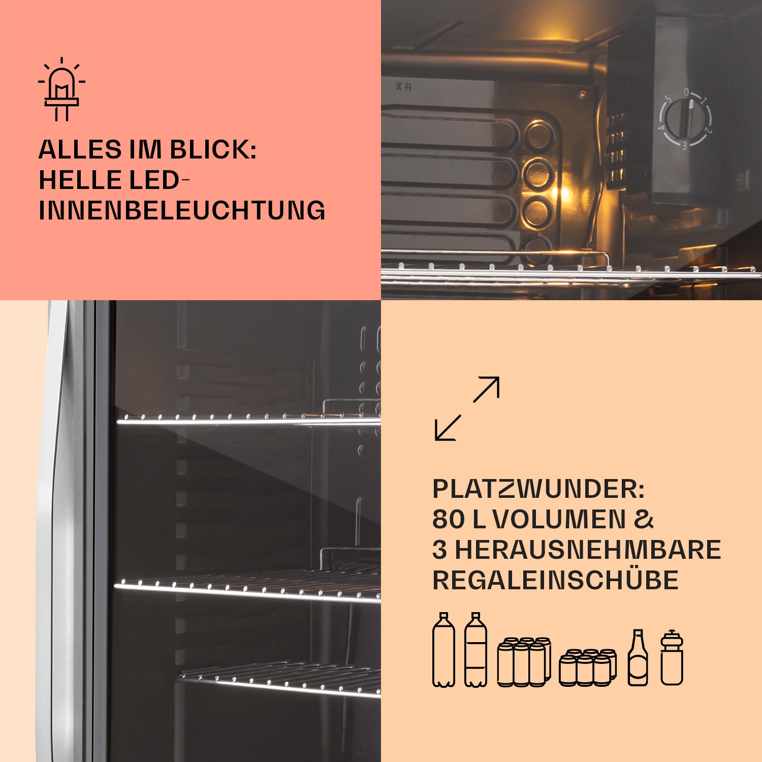 Beersafe XXL Kühlschrank 80 Liter 3 Böden Panoramaglastür Edelstahl 80 L | Schwarz | Silber