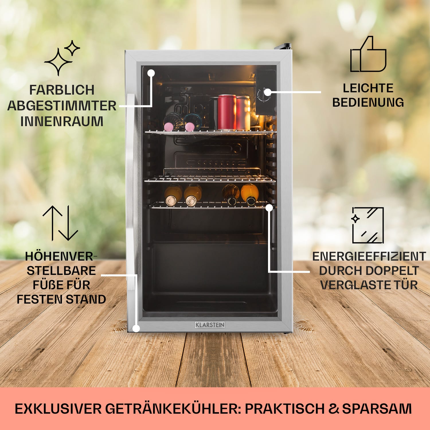 Beersafe XXL Kühlschrank 80 Liter 3 Böden Panoramaglastür Edelstahl 80 L | Schwarz | Silber