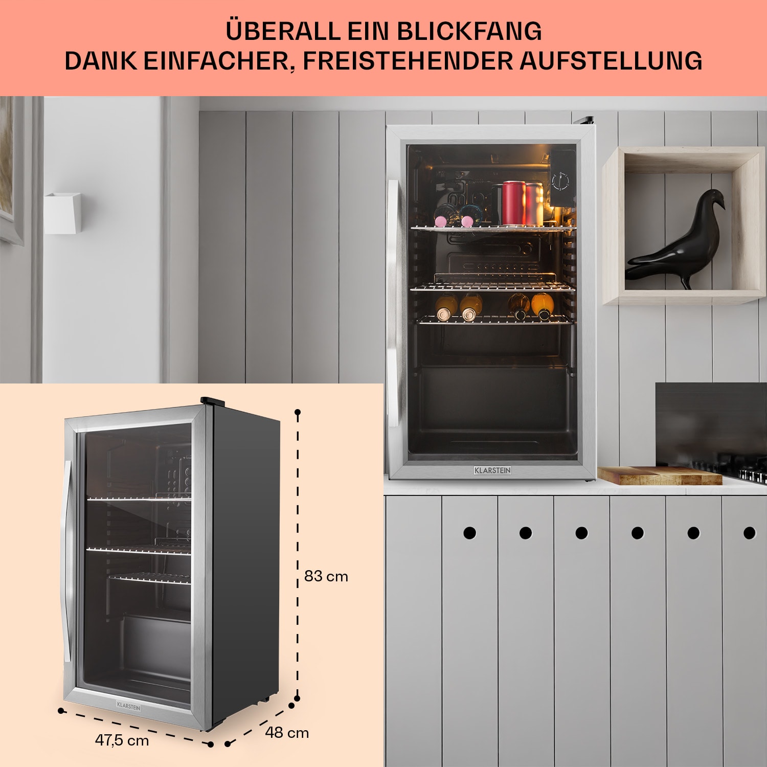 Beersafe XXL Kühlschrank 80 Liter 3 Böden Panoramaglastür Edelstahl 80 L | Schwarz | Silber