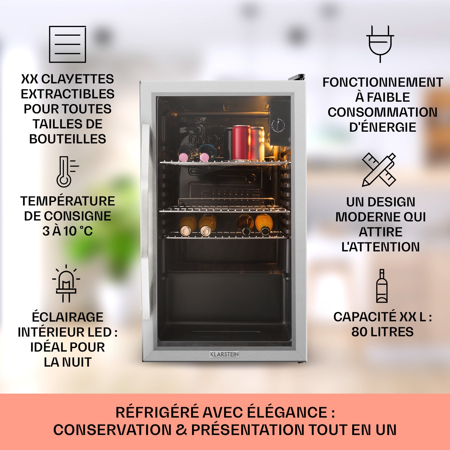 Beersafe XXL Réfrigérateur 80 litres 3 étagères Porte en verre panoramique Acier inoxydable 80 L | Noir | Argent