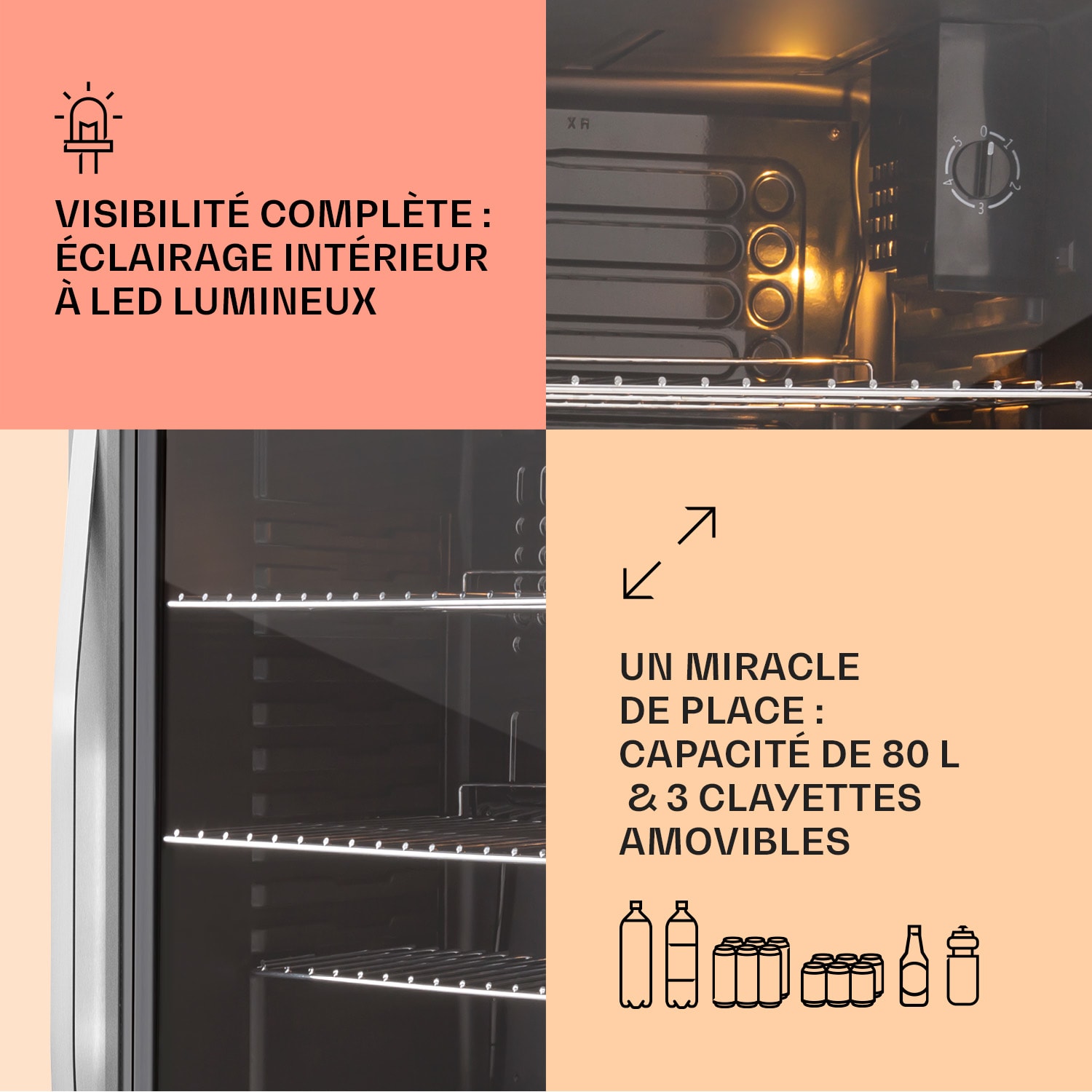 Beersafe XXL Réfrigérateur 80 litres 3 étagères Porte en verre panoramique Acier inoxydable 80 L | Noir | Argent