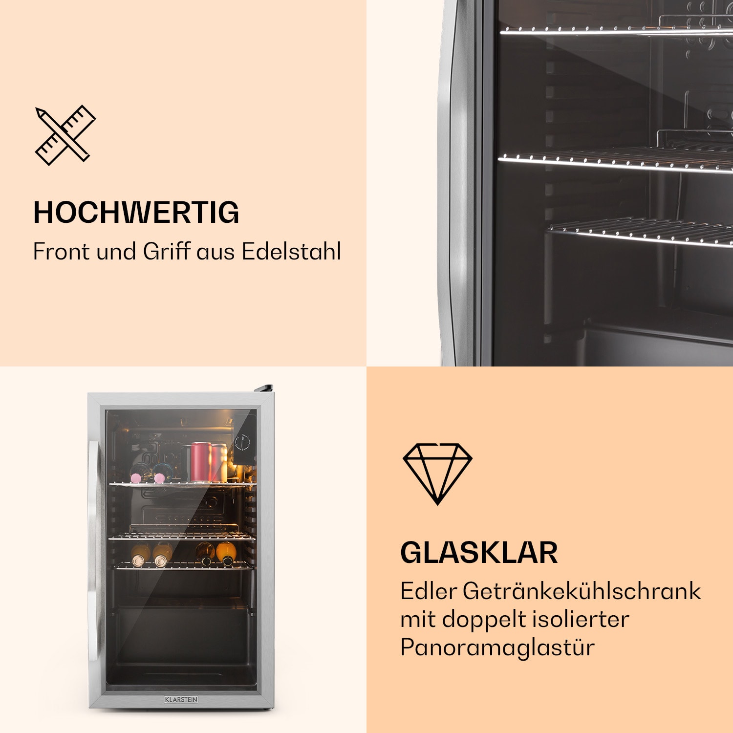 Beersafe XXL Kühlschrank 80 Liter 3 Böden Panoramaglastür Edelstahl 80 Ltr | Edelstahl