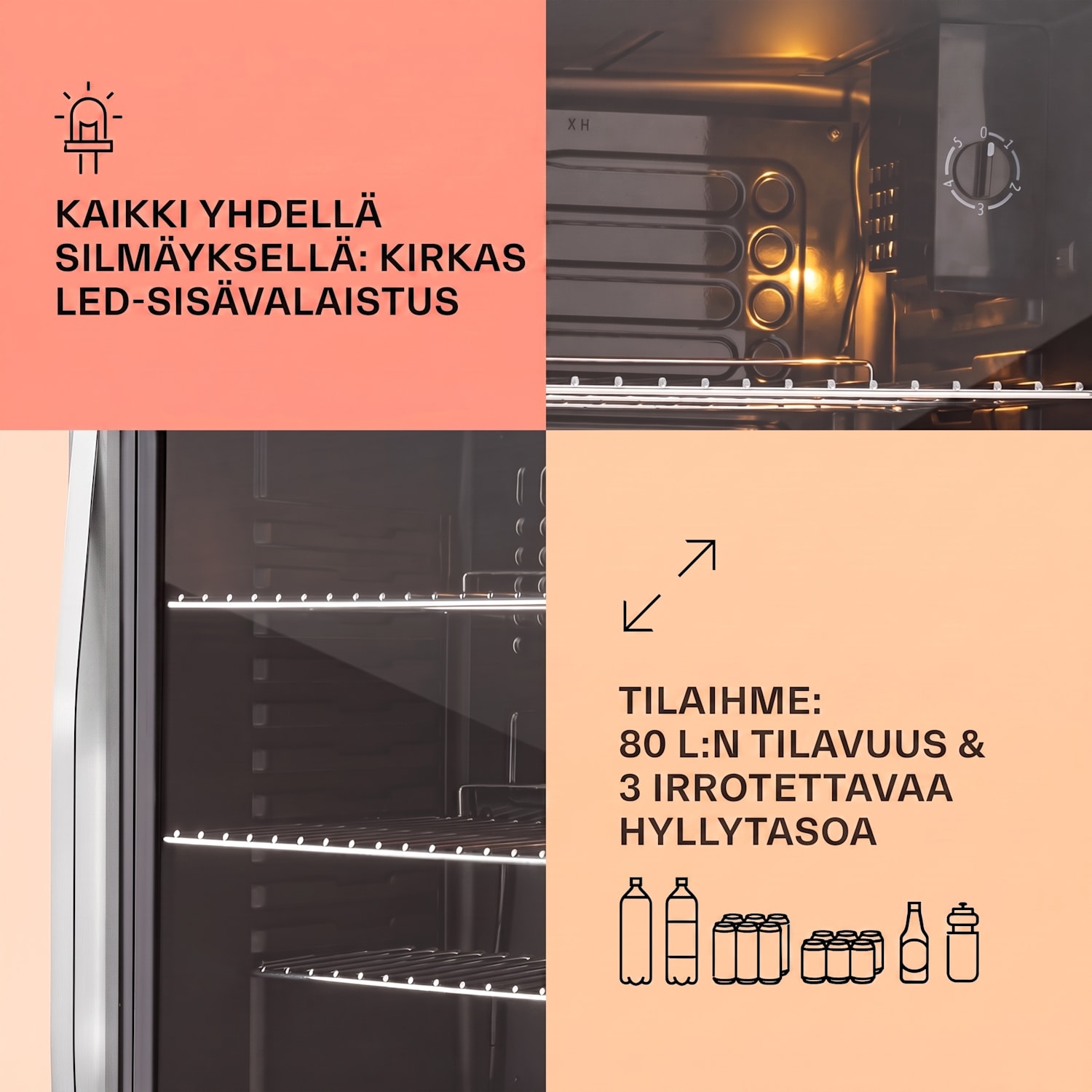 Beersafe XXL jääkaappi 80 litraa 3 hyllyä, panoraamalasiovi ruostumatonta terästä 80 L | Musta | Hopea