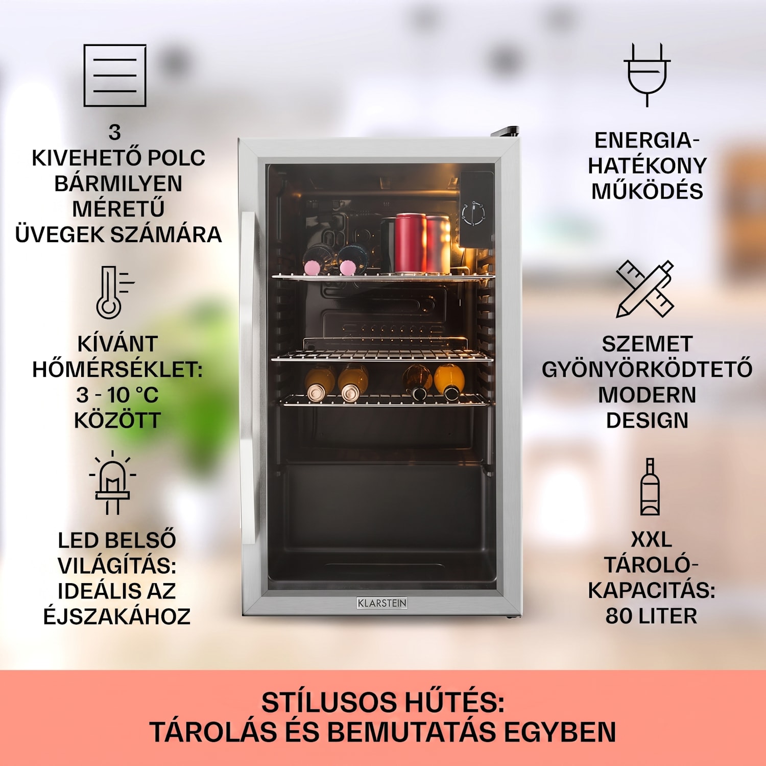 Beersafe XXL, hűtőszekrény, 80 liter, E energiahatékonysági osztály, panoráma üvegajtó 80 L | Fekete | Ezüst