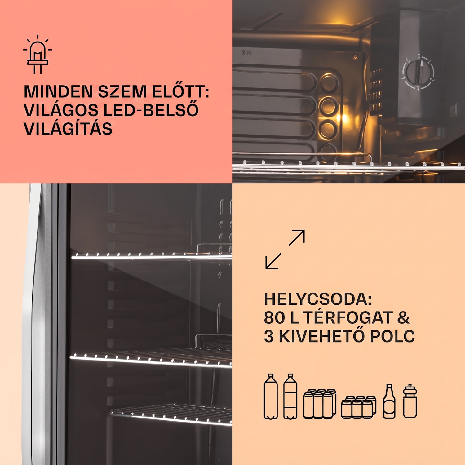 Beersafe XXL, hűtőszekrény, 80 liter, E energiahatékonysági osztály, panoráma üvegajtó 80 L | Fekete | Ezüst