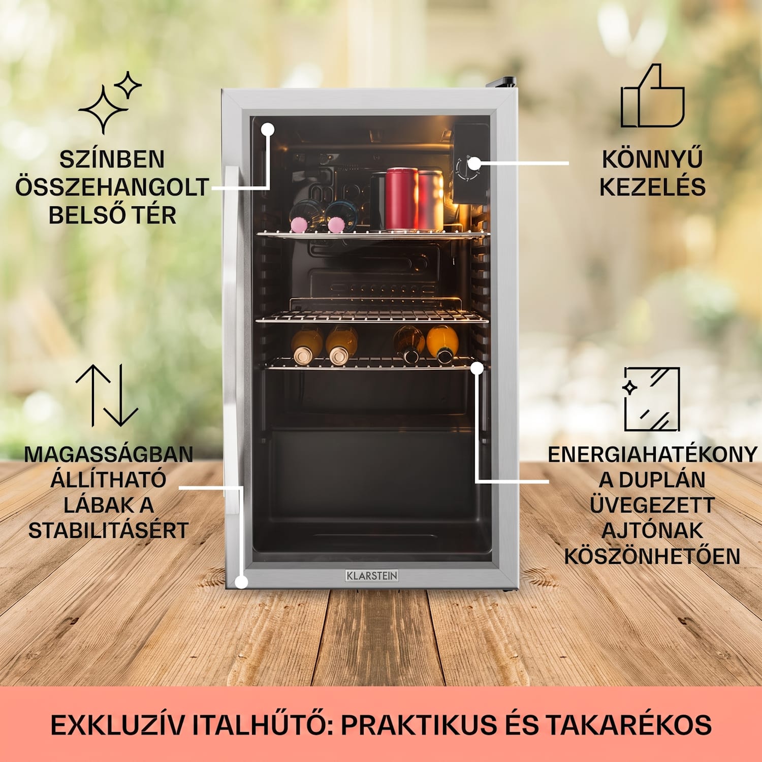 Beersafe XXL, hűtőszekrény, 80 liter, E energiahatékonysági osztály, panoráma üvegajtó 80 L | Fekete | Ezüst