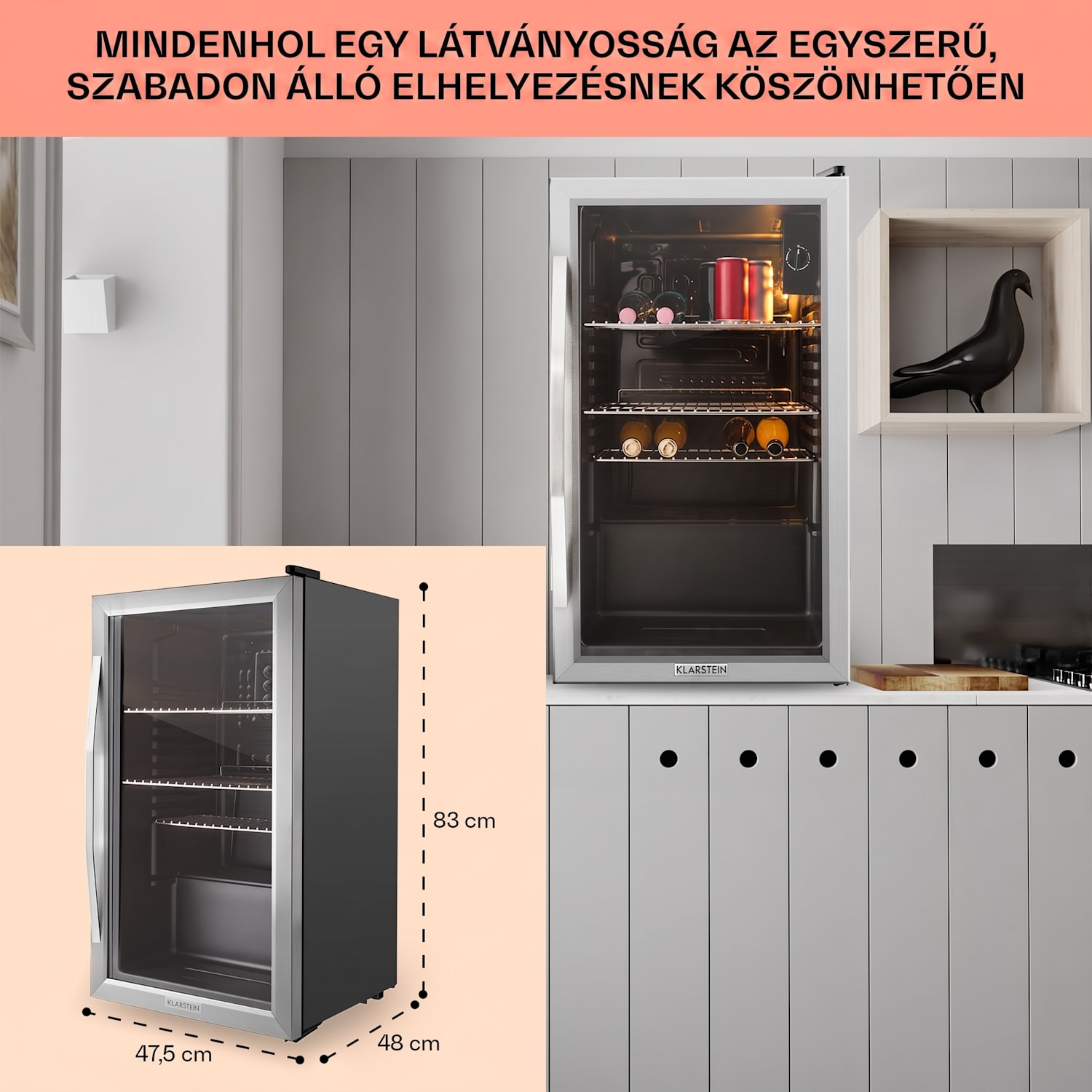 Beersafe XXL, hűtőszekrény, 80 liter, E energiahatékonysági osztály, panoráma üvegajtó 80 L | Fekete | Ezüst