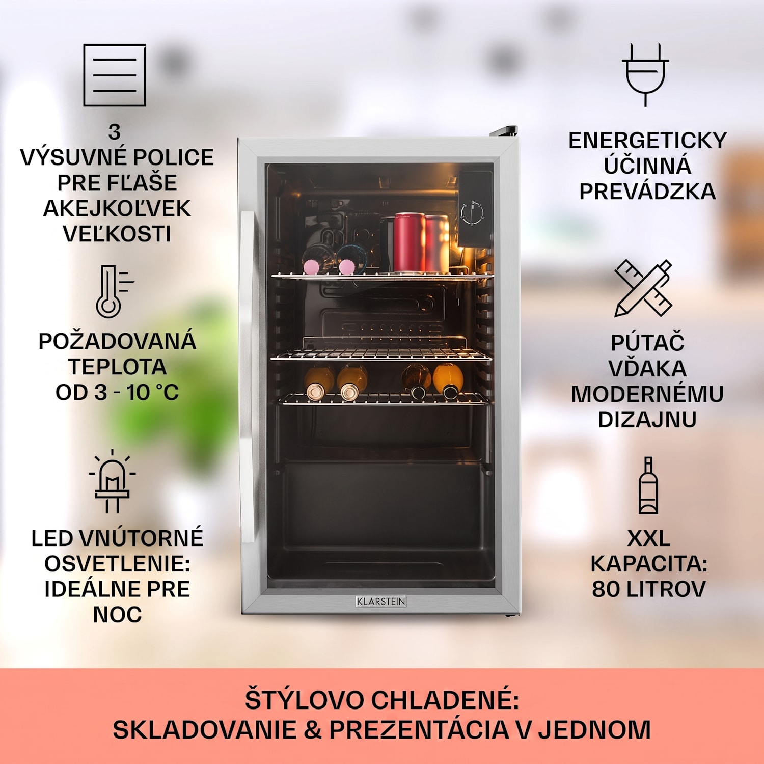 Beersafe XXL, chladnička, 80 l, 3 police, energet. trieda E, panoramatické sklenené dvierka 80 L | Čierna | Strieborná