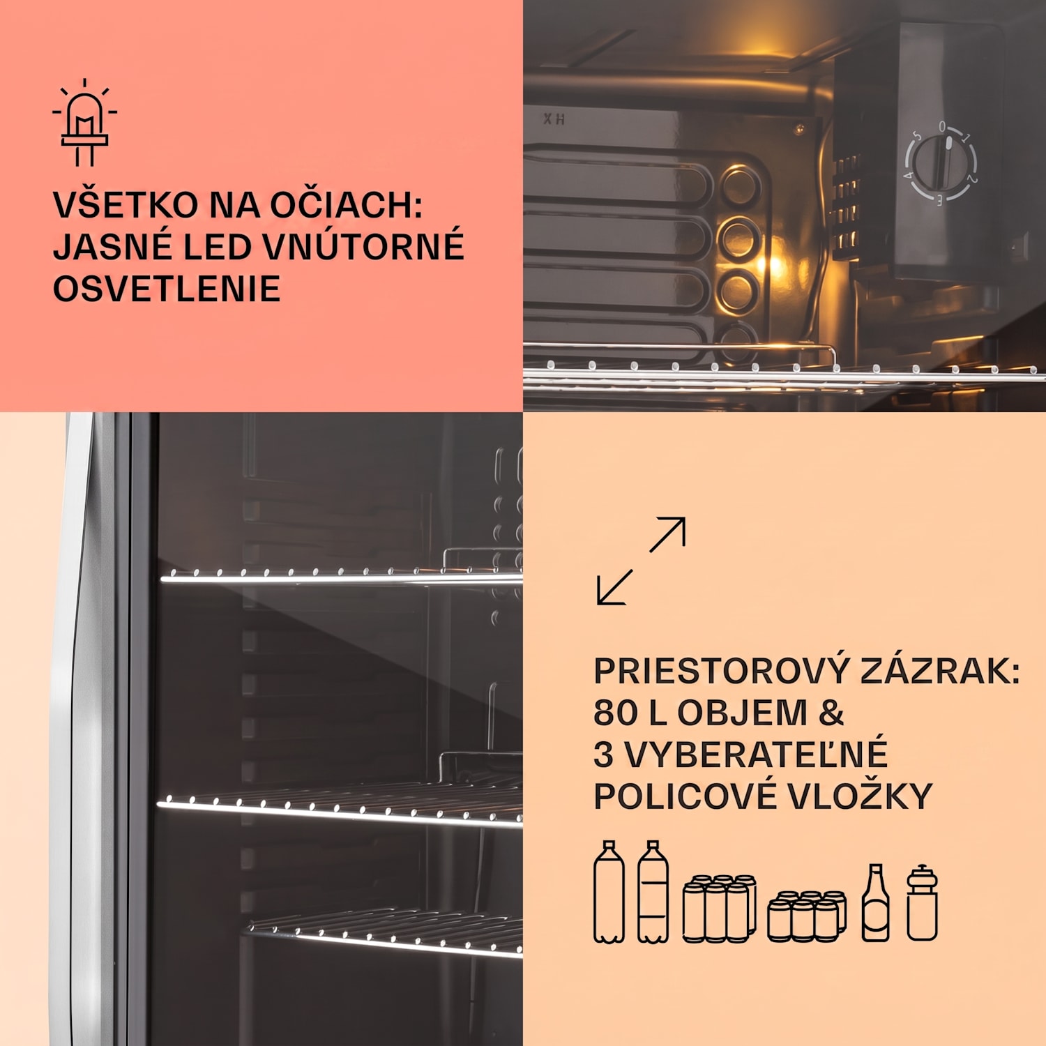 Beersafe XXL, chladnička, 80 l, 3 police, energet. trieda E, panoramatické sklenené dvierka 80 L | Čierna | Strieborná