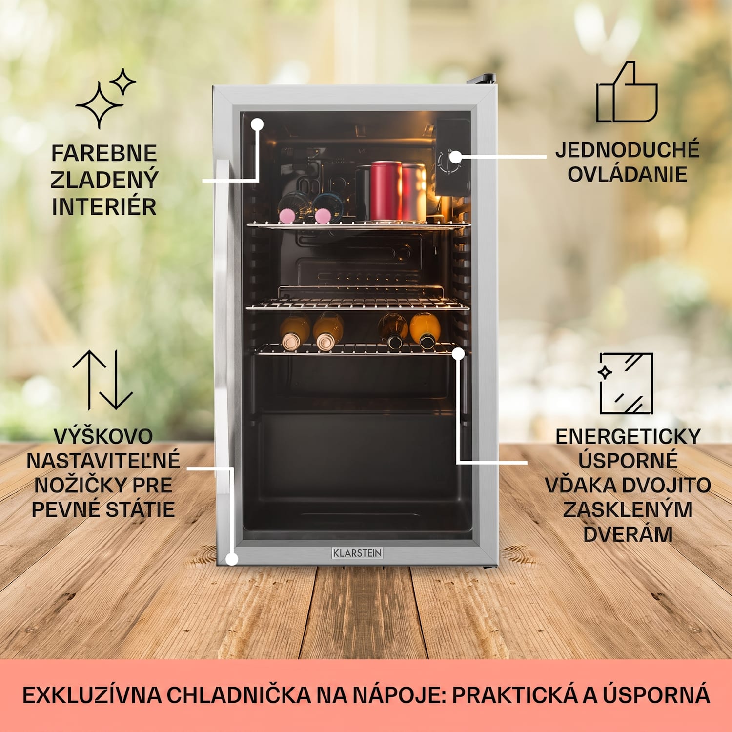 Beersafe XXL, chladnička, 80 l, 3 police, energet. trieda E, panoramatické sklenené dvierka 80 L | Čierna | Strieborná