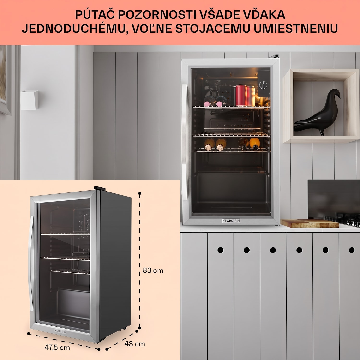 Beersafe XXL, chladnička, 80 l, 3 police, energet. trieda E, panoramatické sklenené dvierka 80 L | Čierna | Strieborná