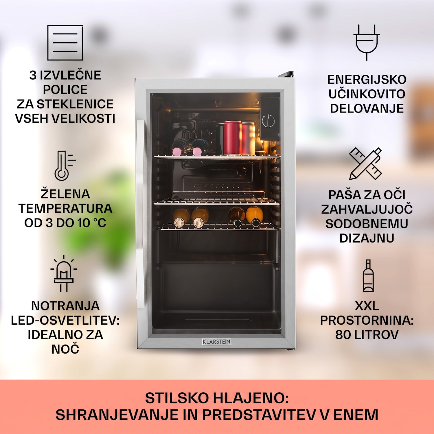 Beersafe XXL, 80-litrski hladilnik, energijski razred E 80 L | Črna | Srebrna