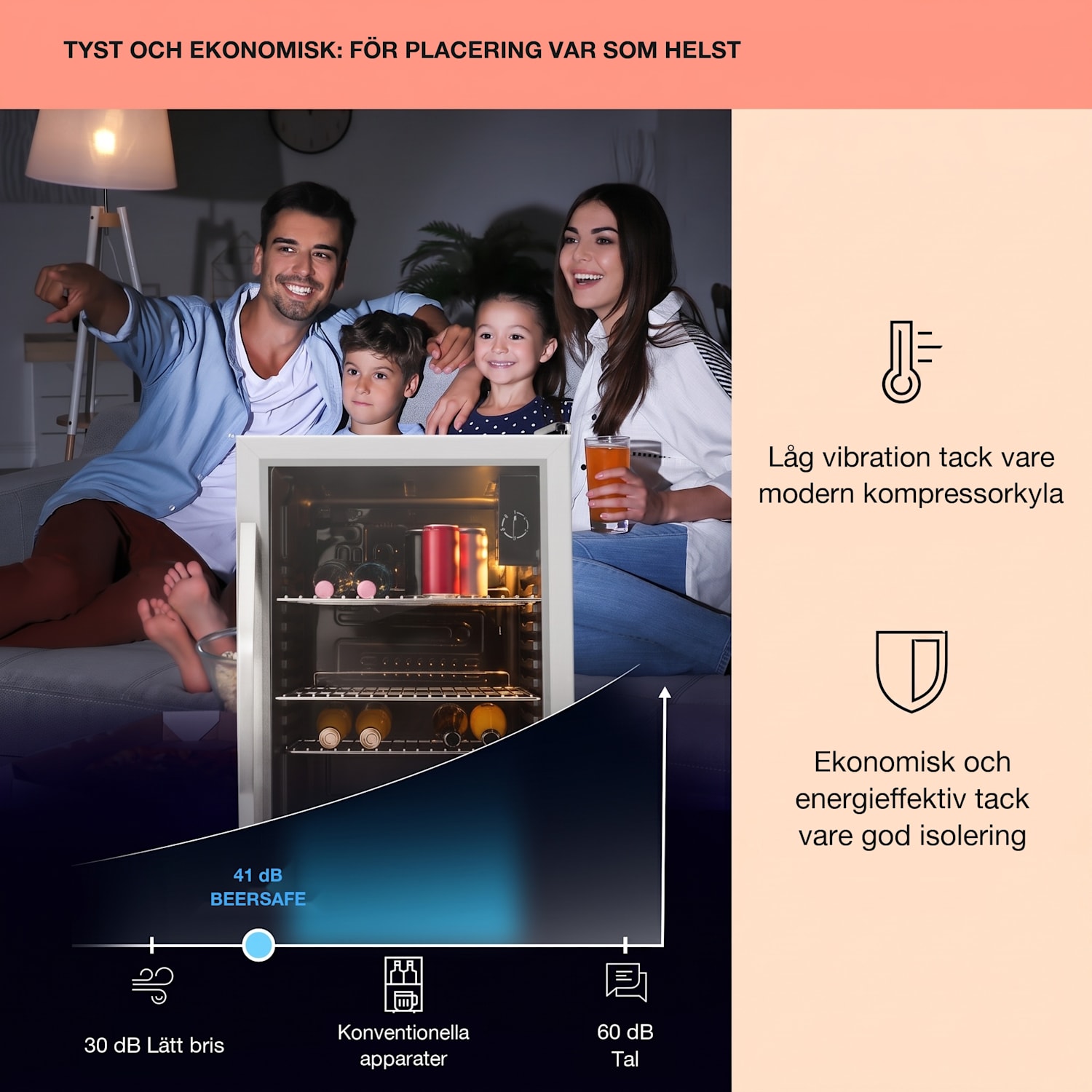 Beersafe XXL dryckeskyl 80 liter 3 hyllor panoramaglasdörr rostfritt stål 80 L | E | Silver | Silver