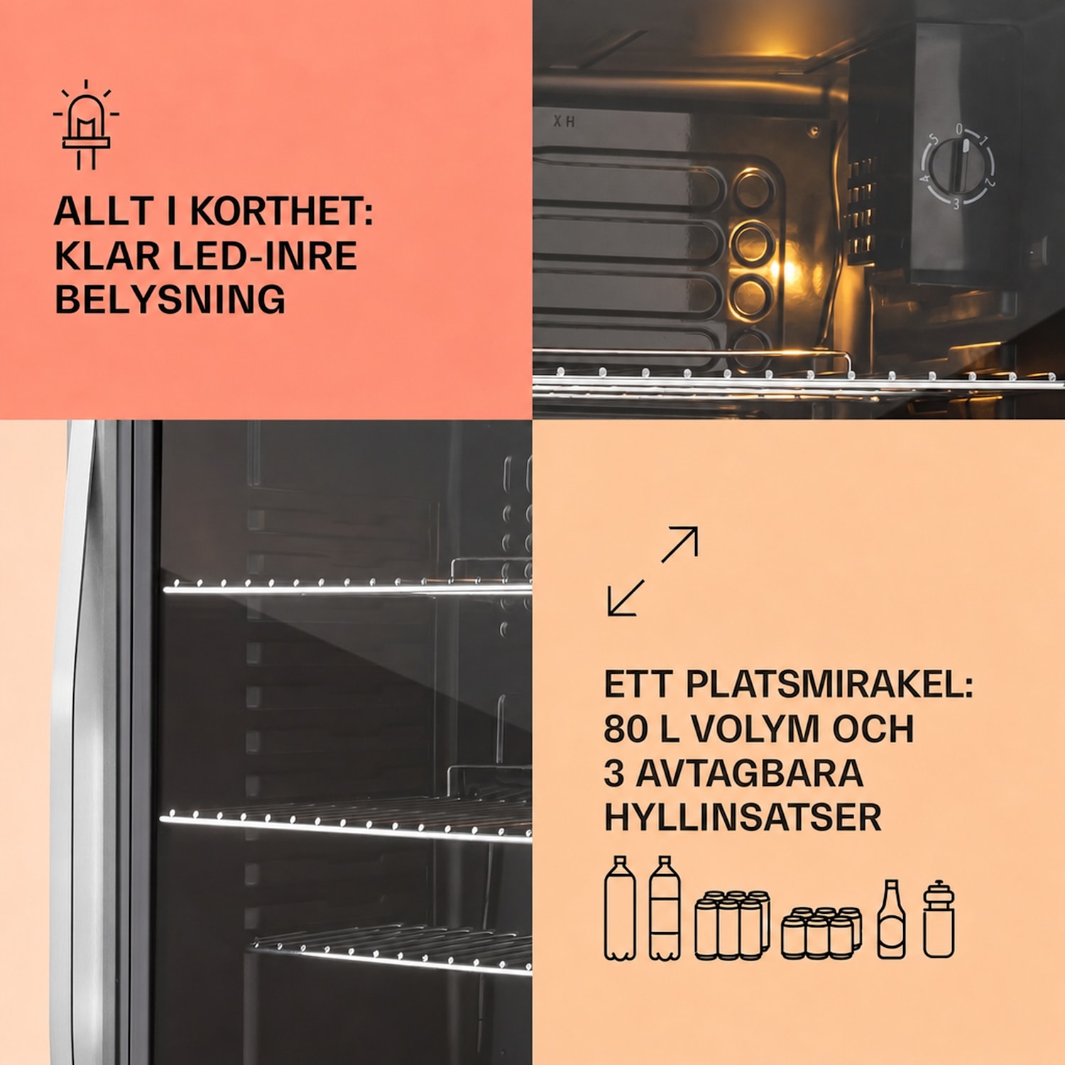 Beersafe XXL dryckeskyl 80 liter 3 hyllor panoramaglasdörr rostfritt stål 80 L | E | Silver | Silver