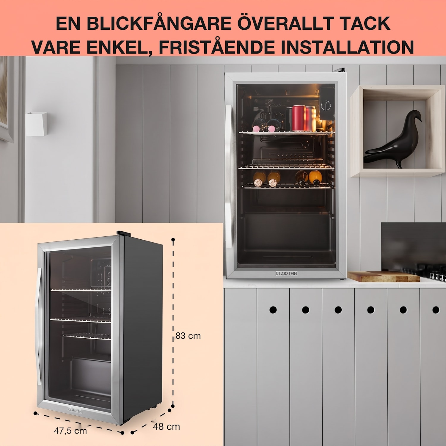 Beersafe XXL dryckeskyl 80 liter 3 hyllor panoramaglasdörr rostfritt stål 80 L | E | Silver | Silver