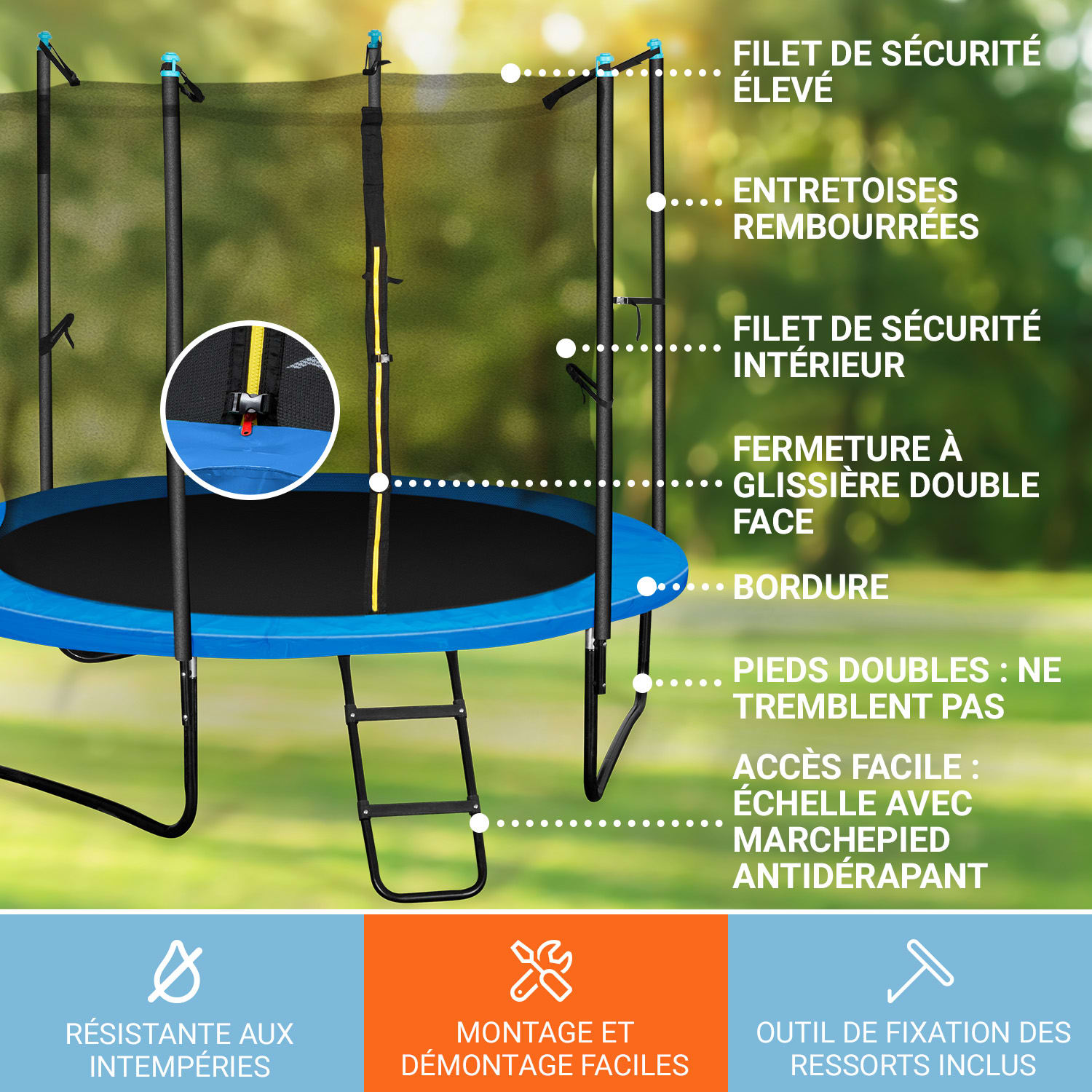 Rocketboy 250 trampoline 250cm veiligheidsnet binnen, brede ladder, blauw 250 cm | Sportief Blauw