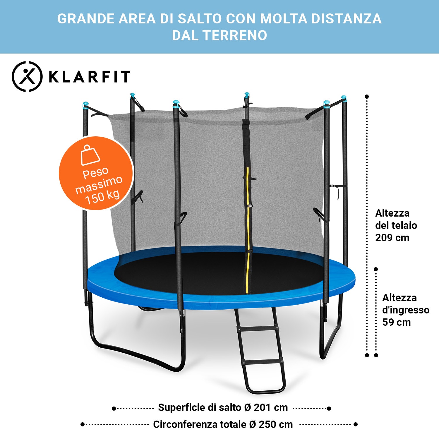 Rocketboy 250 Tappeto Elastico 250cm Rete di Sicurezza Interna Blu 250 cm | Sports Blue