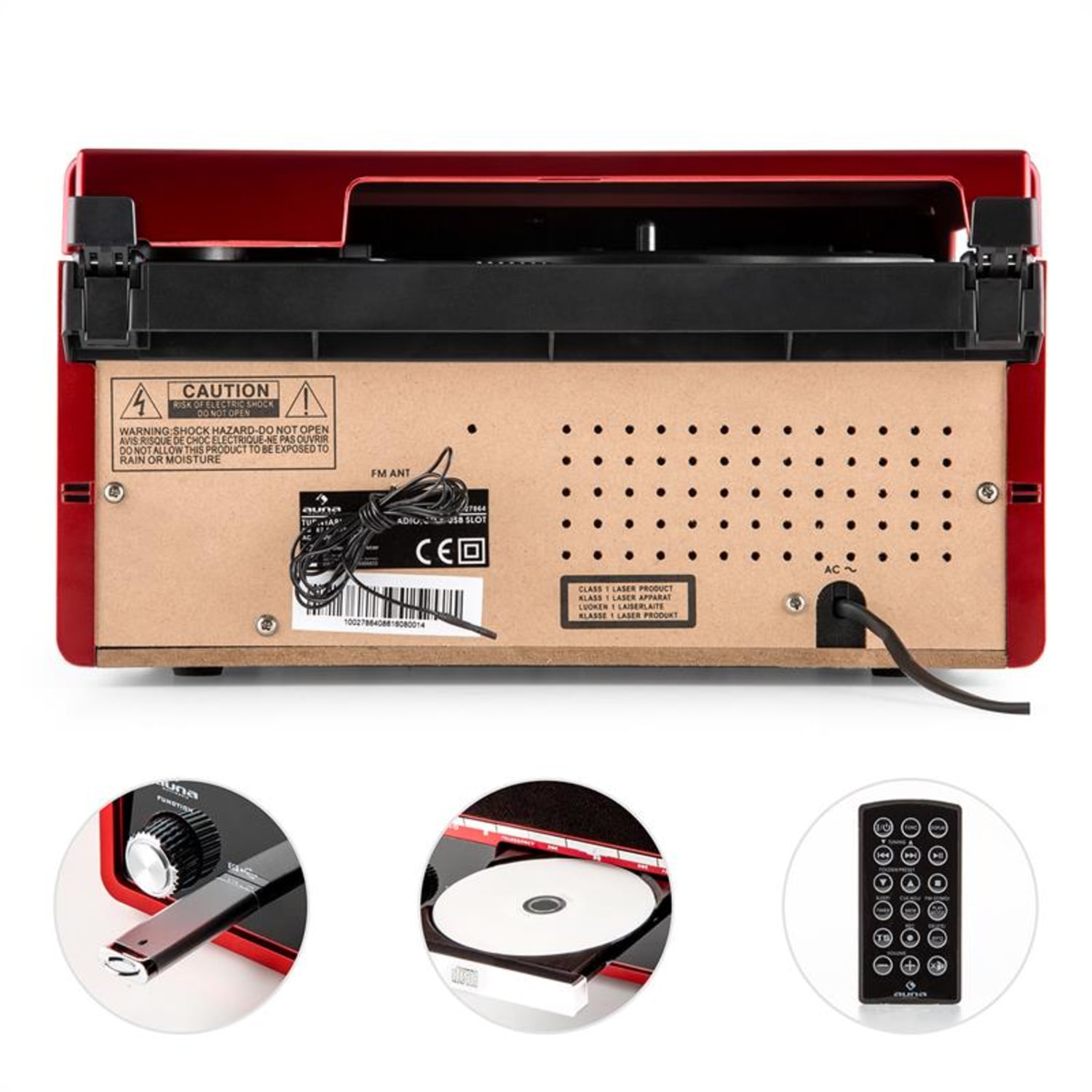 RTT 1922 Cadena estéreo retro MP3 CD USB FM AUX función grabación roja Rojo