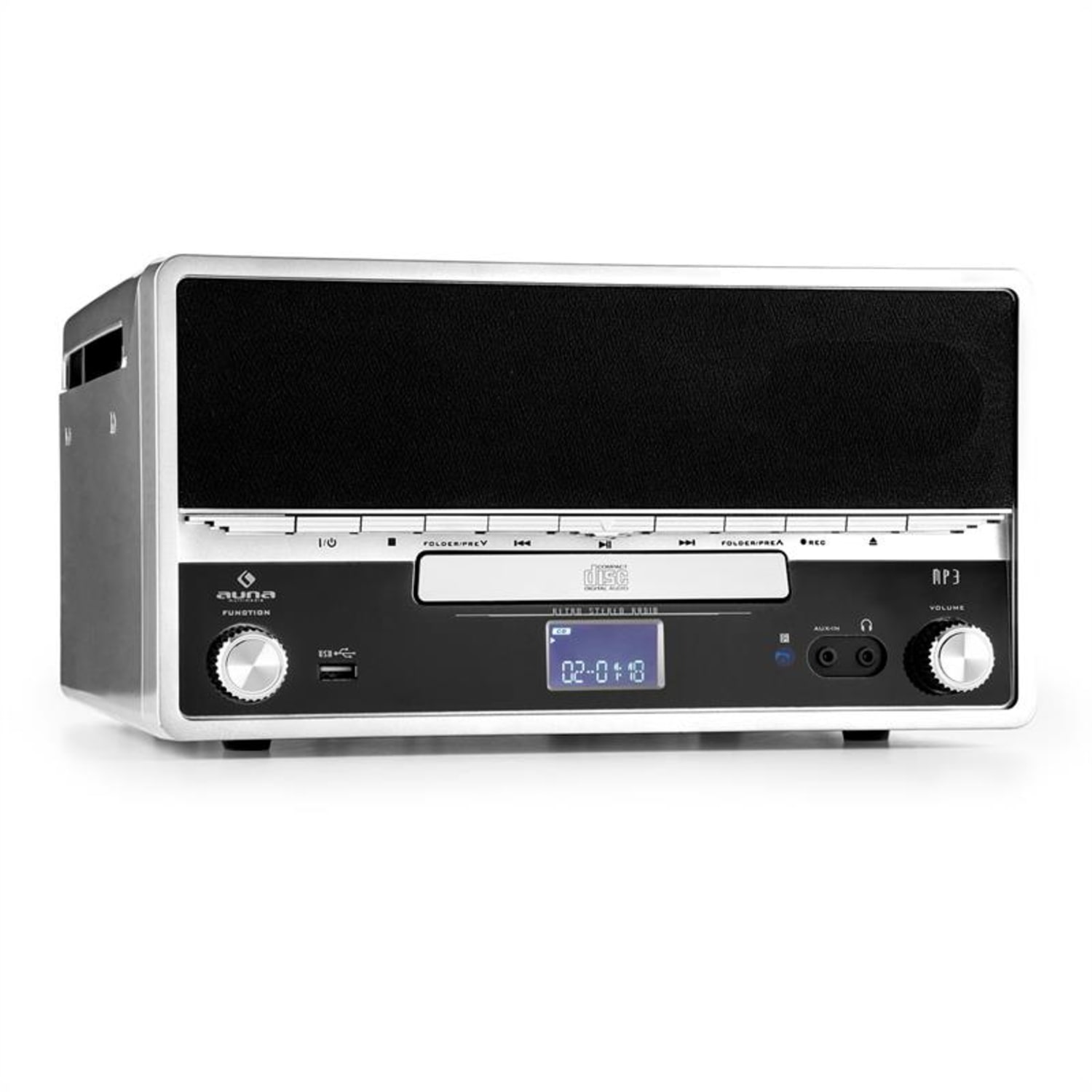 RTT 1922 Cadena estéreo retro MP3 CD USB FM AUX función grabación plateada Plata