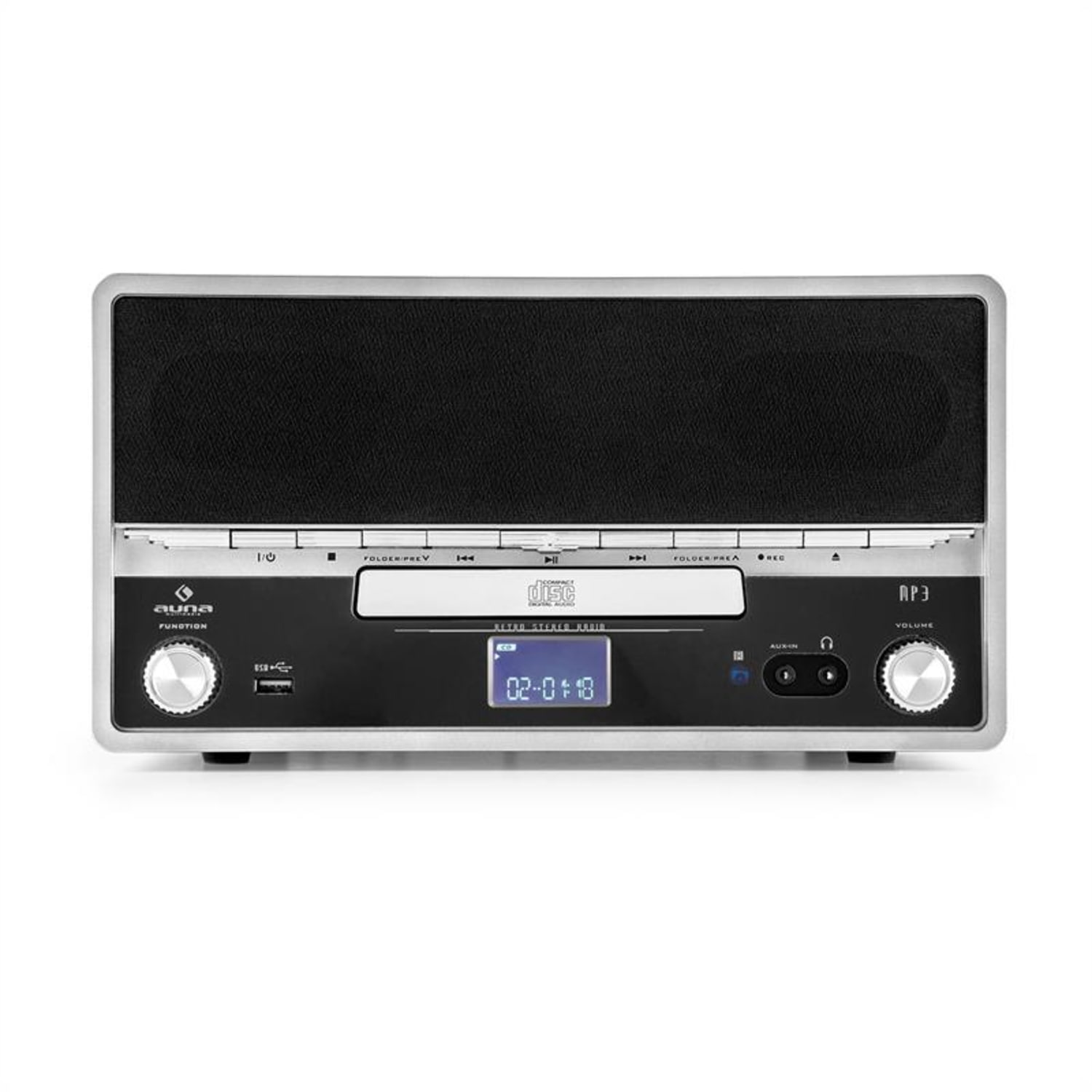 RTT 1922 Cadena estéreo retro MP3 CD USB FM AUX función grabación plateada Plata