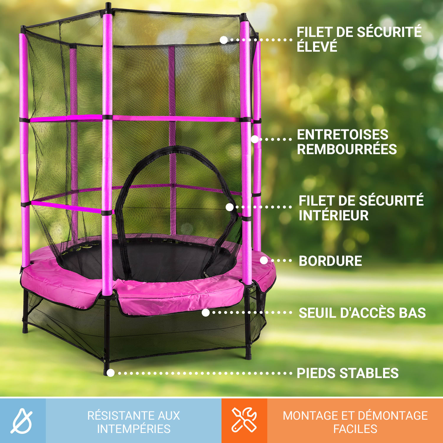 Rocketkid trampoline Ø 140 cm veiligheidsnet bungeevering vanaf 3 jaar Fuchsia