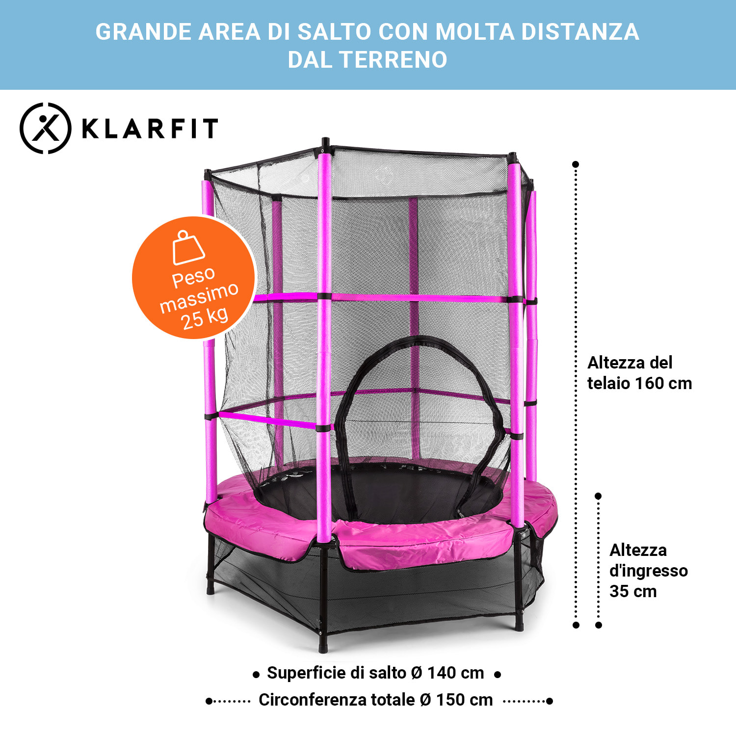 Trampolino Rocketkid Ø140cm Rete di sicurezza Sospensione-Bungee A partire da 3 anni Fucsia