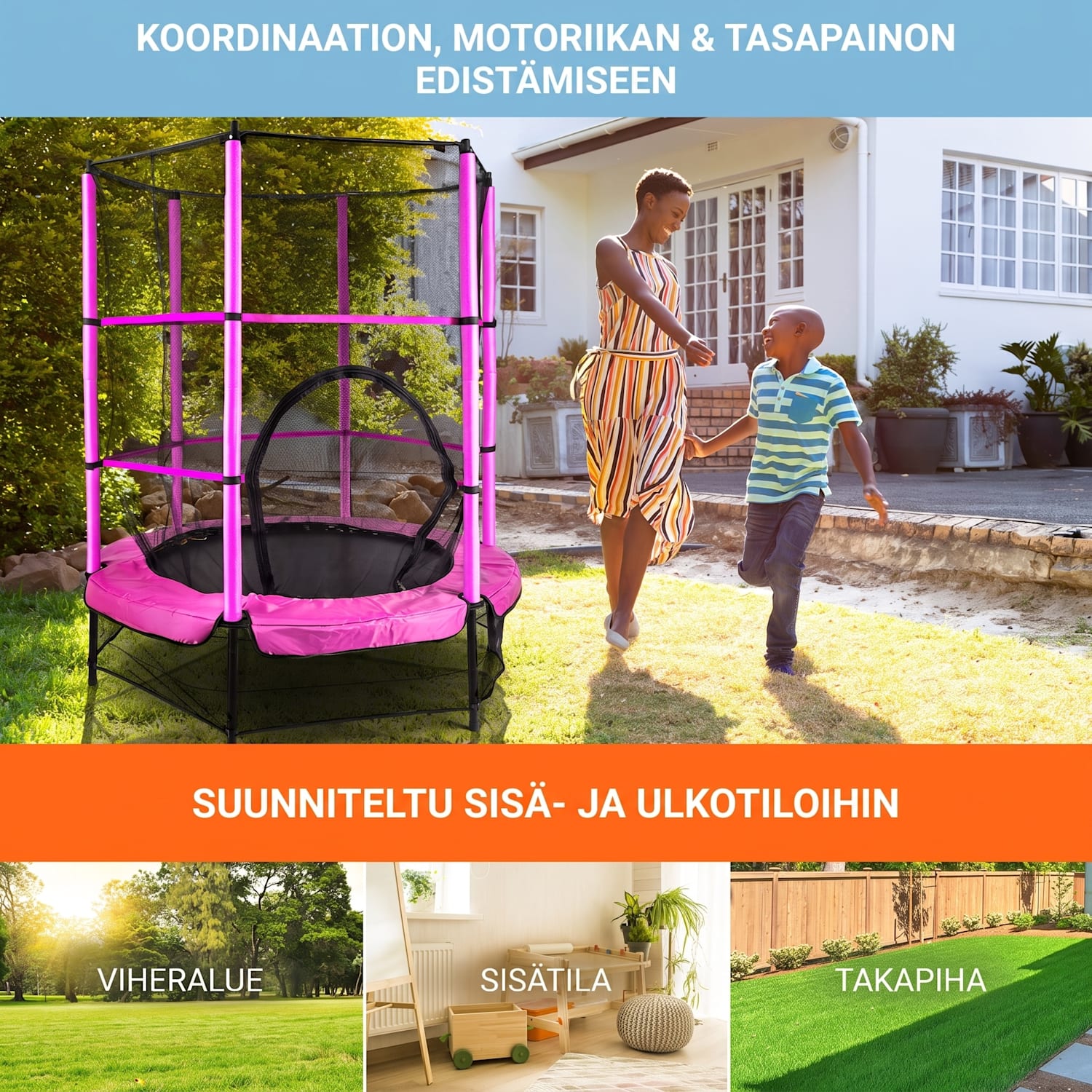 Rocketkid trampoliini Ø 140 cm turvaverkko benjijousitus 3-vuotiaasta alkaen Fuksia