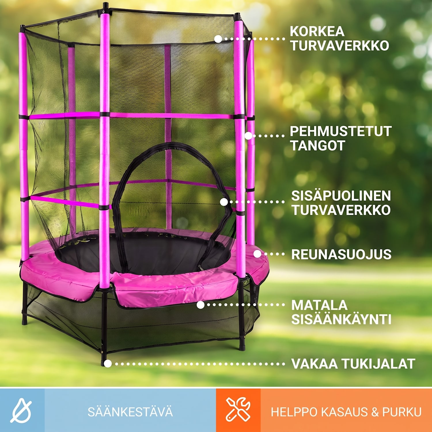 Rocketkid trampoliini Ø 140 cm turvaverkko benjijousitus 3-vuotiaasta alkaen Fuksia