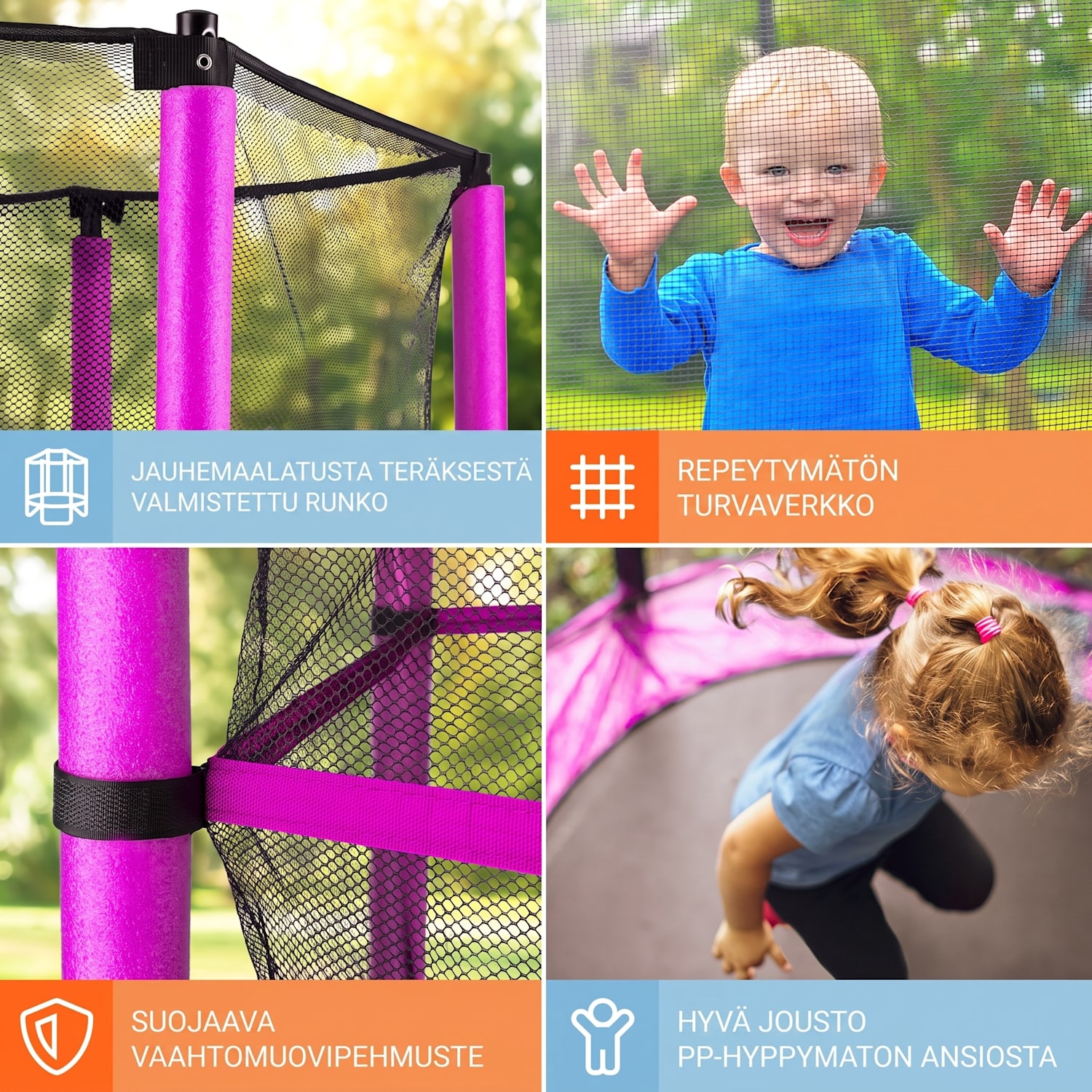 Rocketkid trampoliini Ø 140 cm turvaverkko benjijousitus 3-vuotiaasta alkaen Fuksia