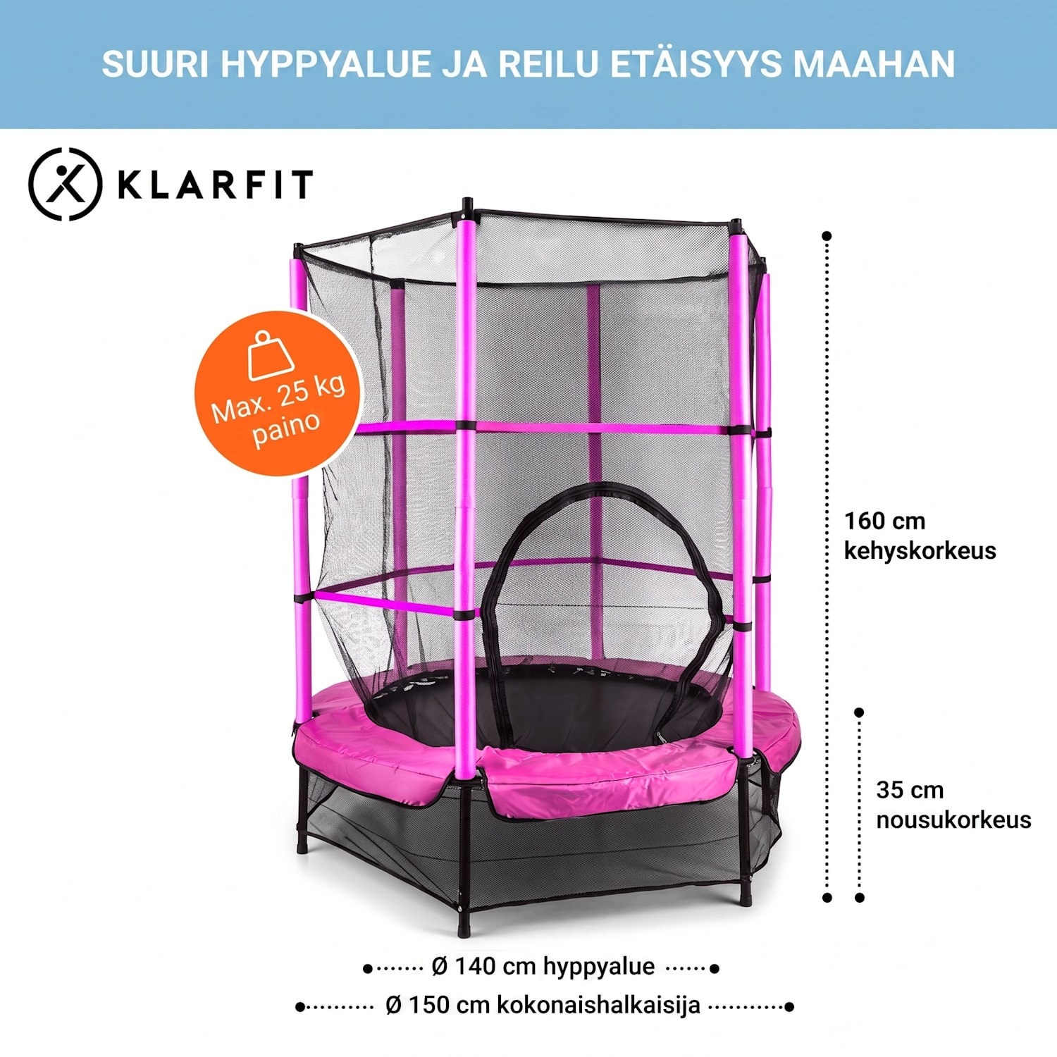 Rocketkid trampoliini Ø 140 cm turvaverkko benjijousitus 3-vuotiaasta alkaen Fuksia