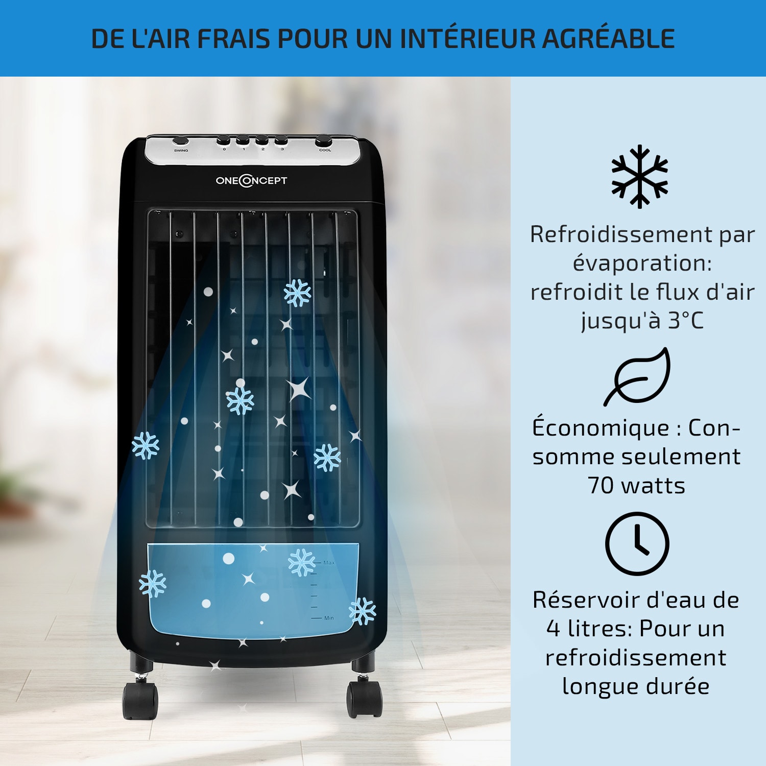 CarribeanBlue rafraichisseur humidificateur d'air ventilateur 400m³/h blanc 