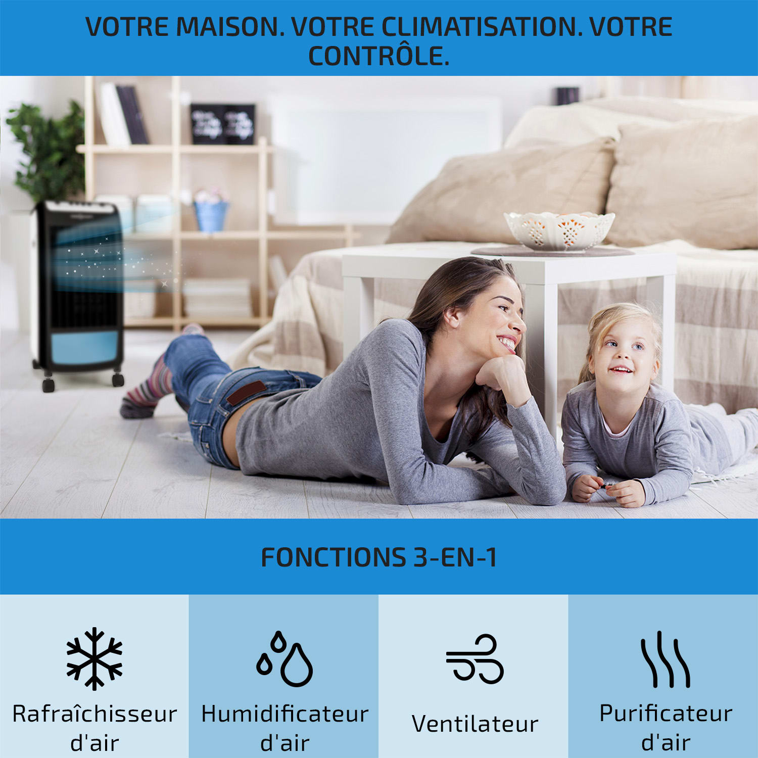 CarribeanBlue rafraichisseur humidificateur d'air ventilateur 400m³/h blanc 