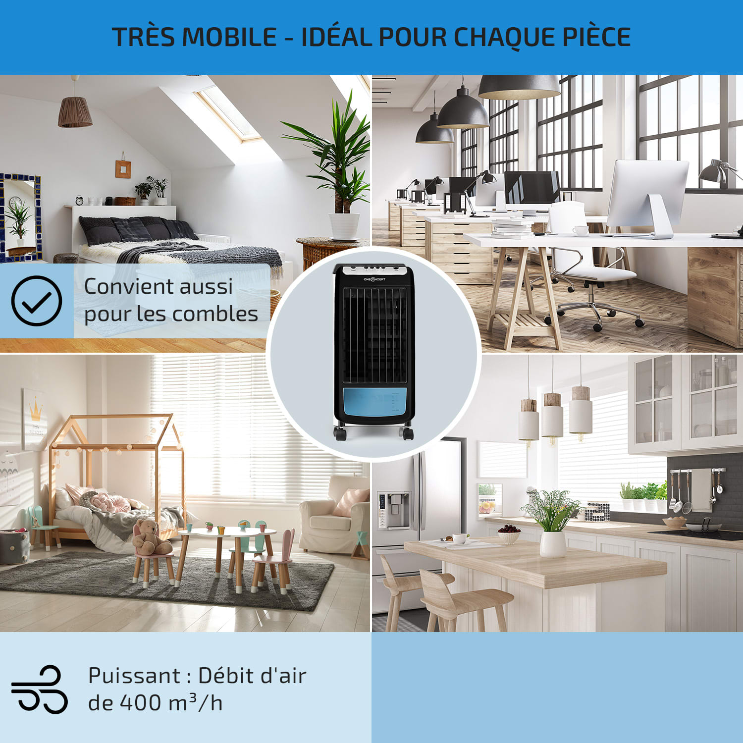 CarribeanBlue rafraichisseur humidificateur d'air ventilateur 400m³/h blanc 