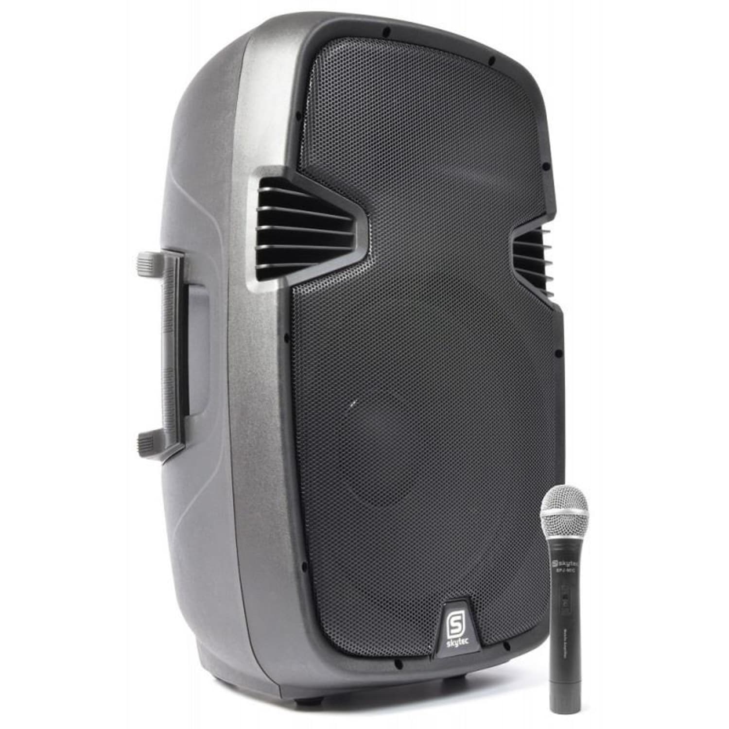 SPJ-1500A, aktivní 38 cm (15") PA reproduktor, VHF, AUX, včetně bezdrátového mikrofonu, 800W 