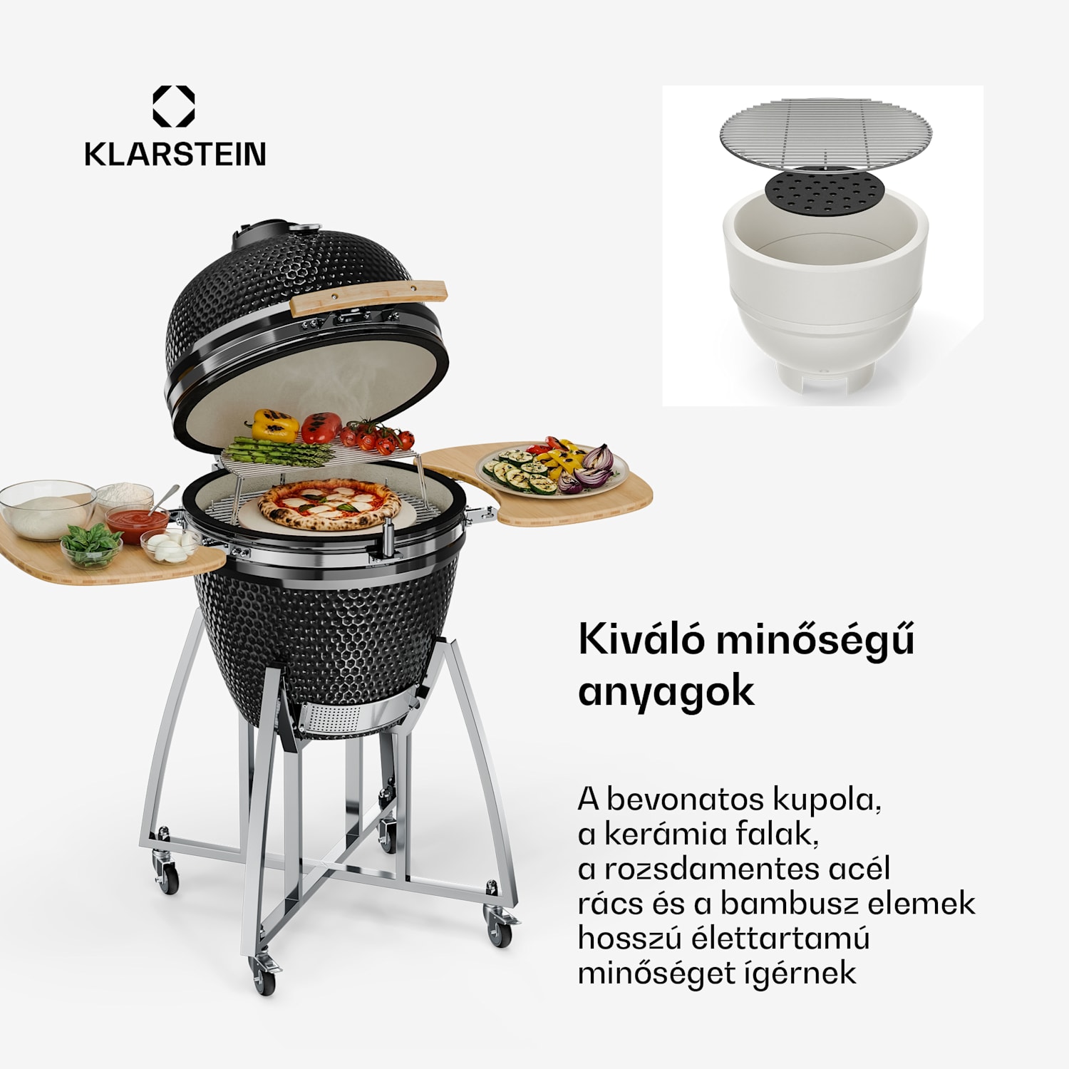 KIngsize, kamado grills, kerámia, 21", füstölés, lassú sütés, rozsdamentes acél 