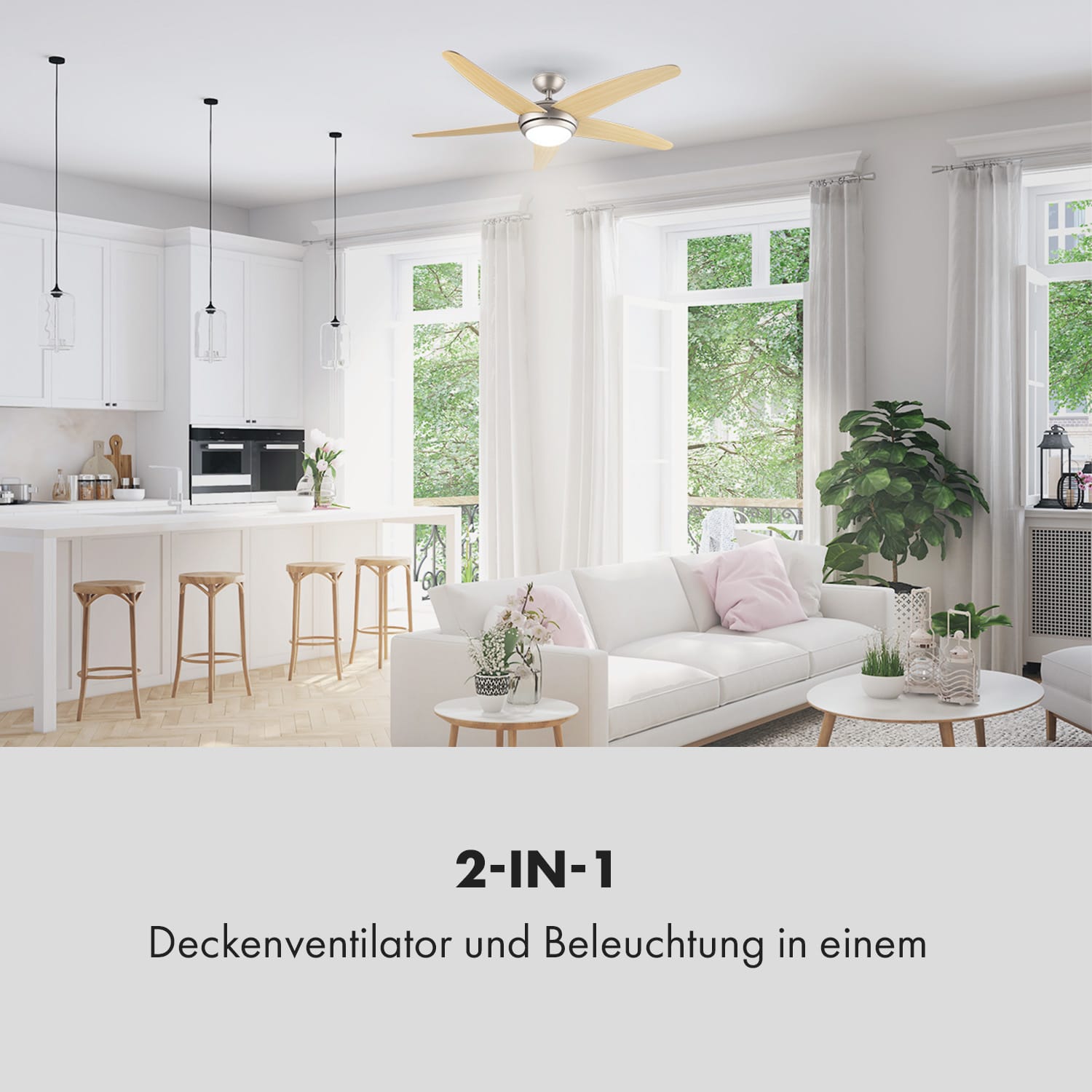 Bolero 2-in-1-Deckenventilator Leuchte 55W 10212m³/h Fernbedienung Ahorn