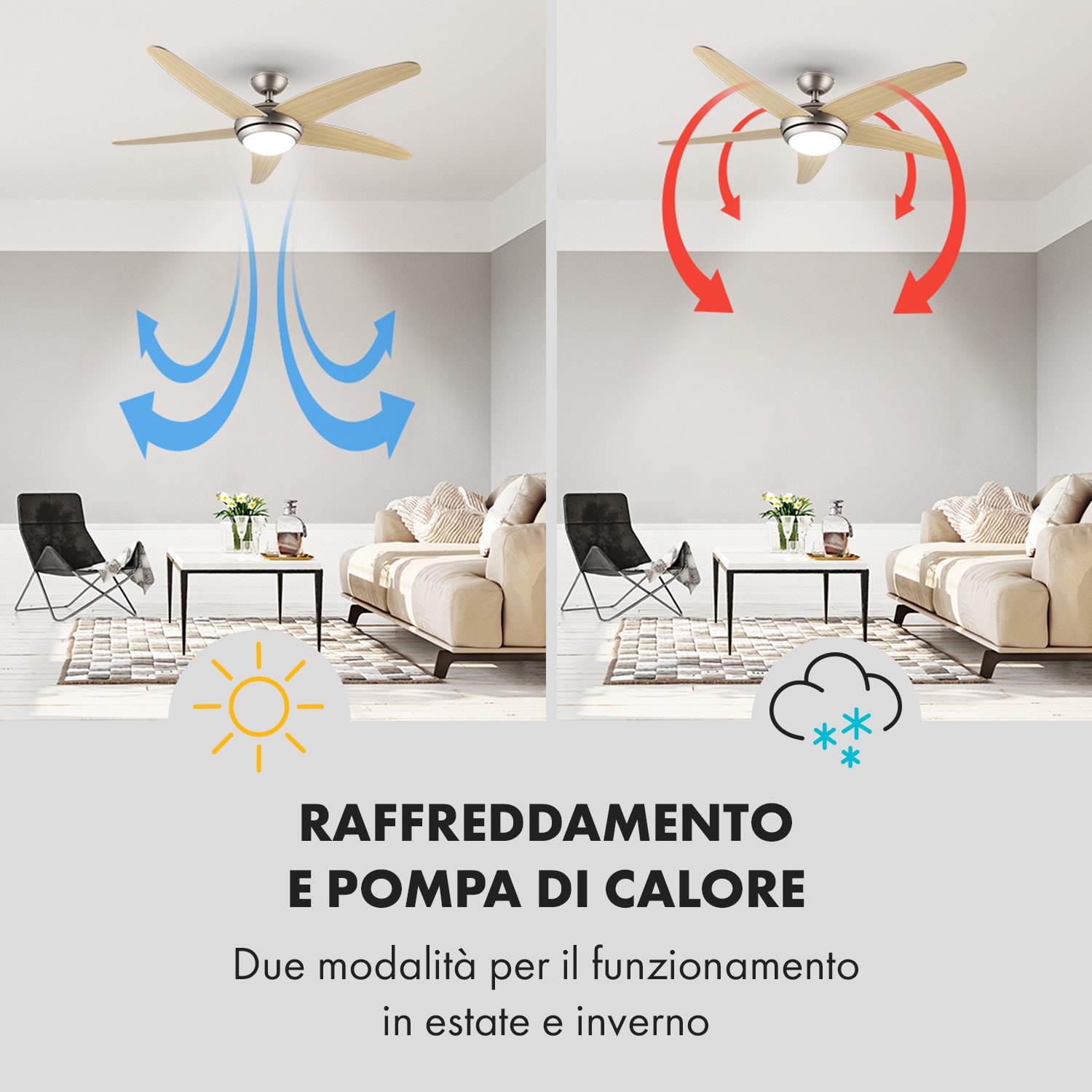 Bolero Ventilatore a Soffitto 2in1 134cm Luce 55W Pale in Acero Telecomando 