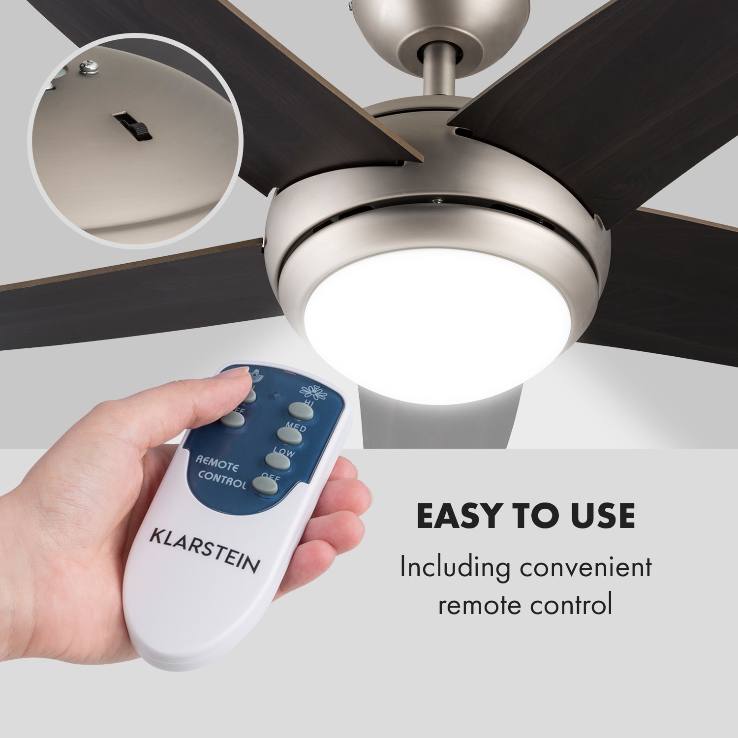 Bolero, 55W, ventilator de tavan cu lampă, 134 cm, brațe din lemn de nuc, telecomandă 134 cm (camere 13–25 m²) | Telecomanda | Nuci