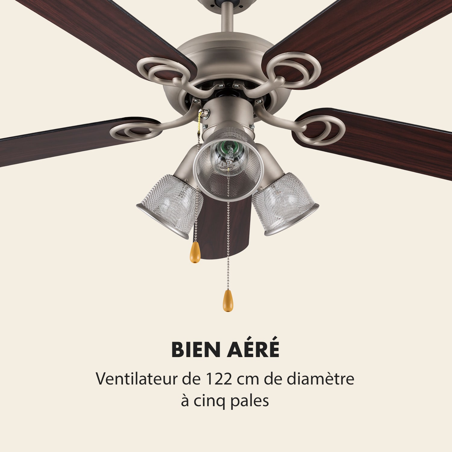 Charleston Ventilateur de plafond rétro 122cm 3 lampes 60W Bois Inox 