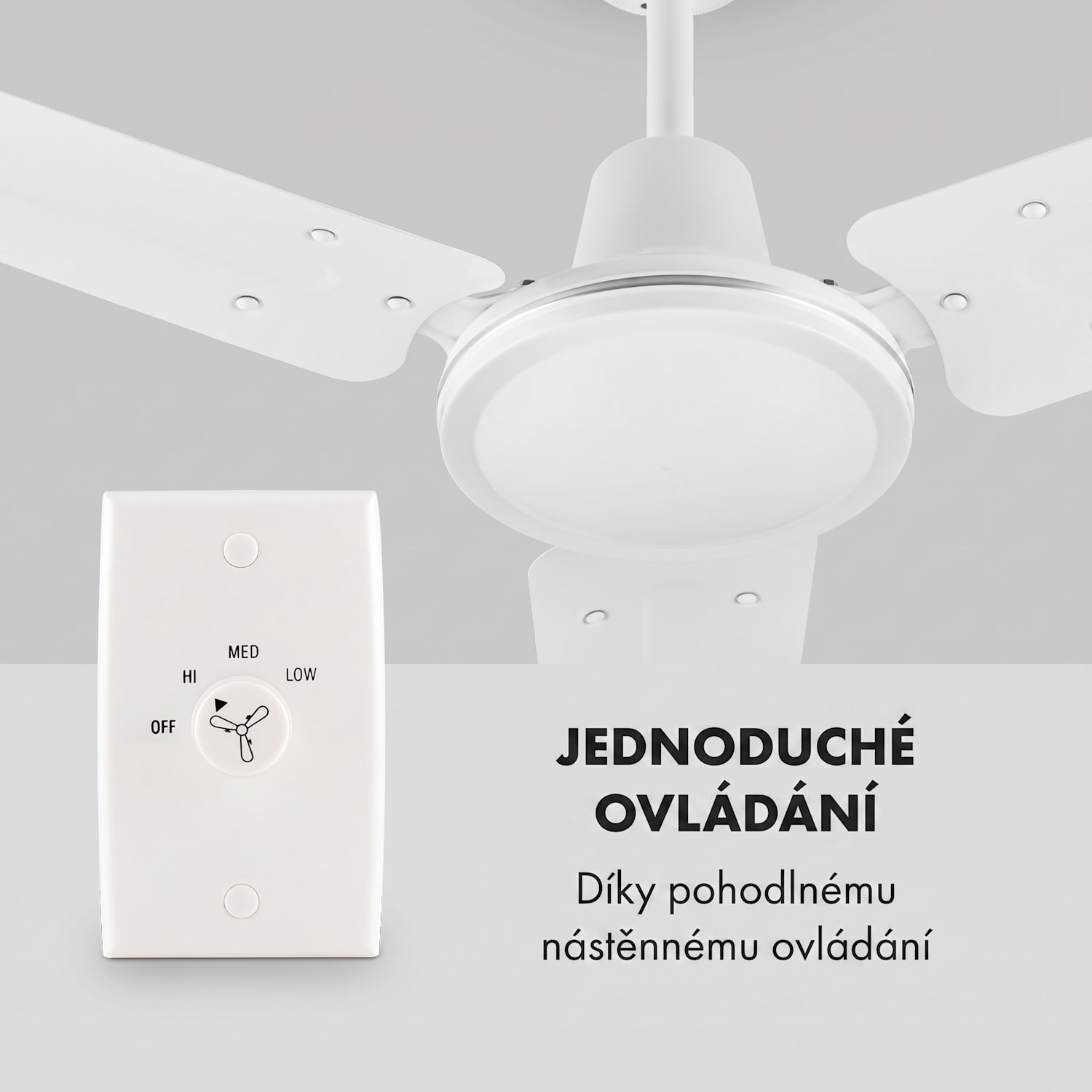 Spin Doctor, bílý, 55 W, stropní ventilátor, 122 cm, 3 ramena, nerezavějící ocel 122 cm (místnosti 13–25 m²) | Nástěnné ovládání | Bílá