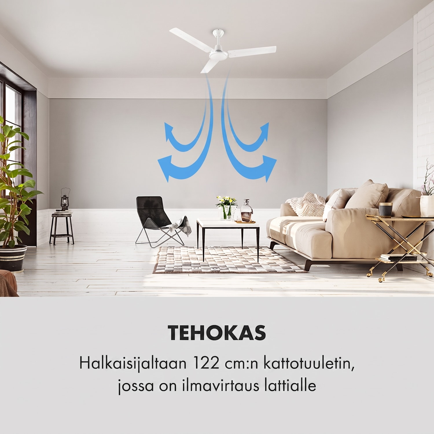 Spin Doctor -kattotuuletin 122 cm 55 W 3 lapaa ruostumaton teräs valkoinen 122 cm (huoneet 13-25 m²) | Seinän ohjaus | Valkoinen
