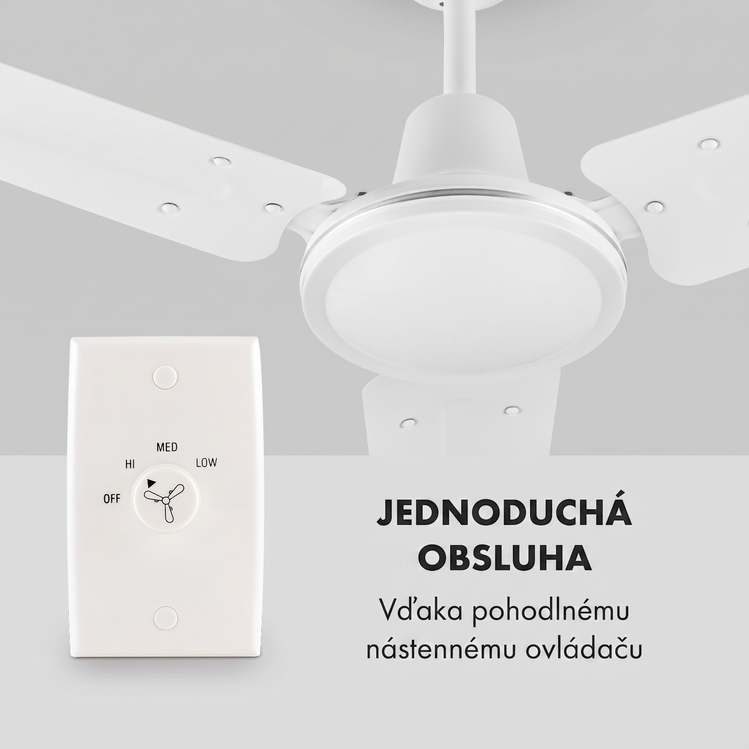 Spin Doctor, stropný ventilátor, 55 W, 122 cm, 3 ramená, nehrdzavejúca oceľ, biely 122 cm (izby 13–25 m²) | Nástenné ovládanie | Biela