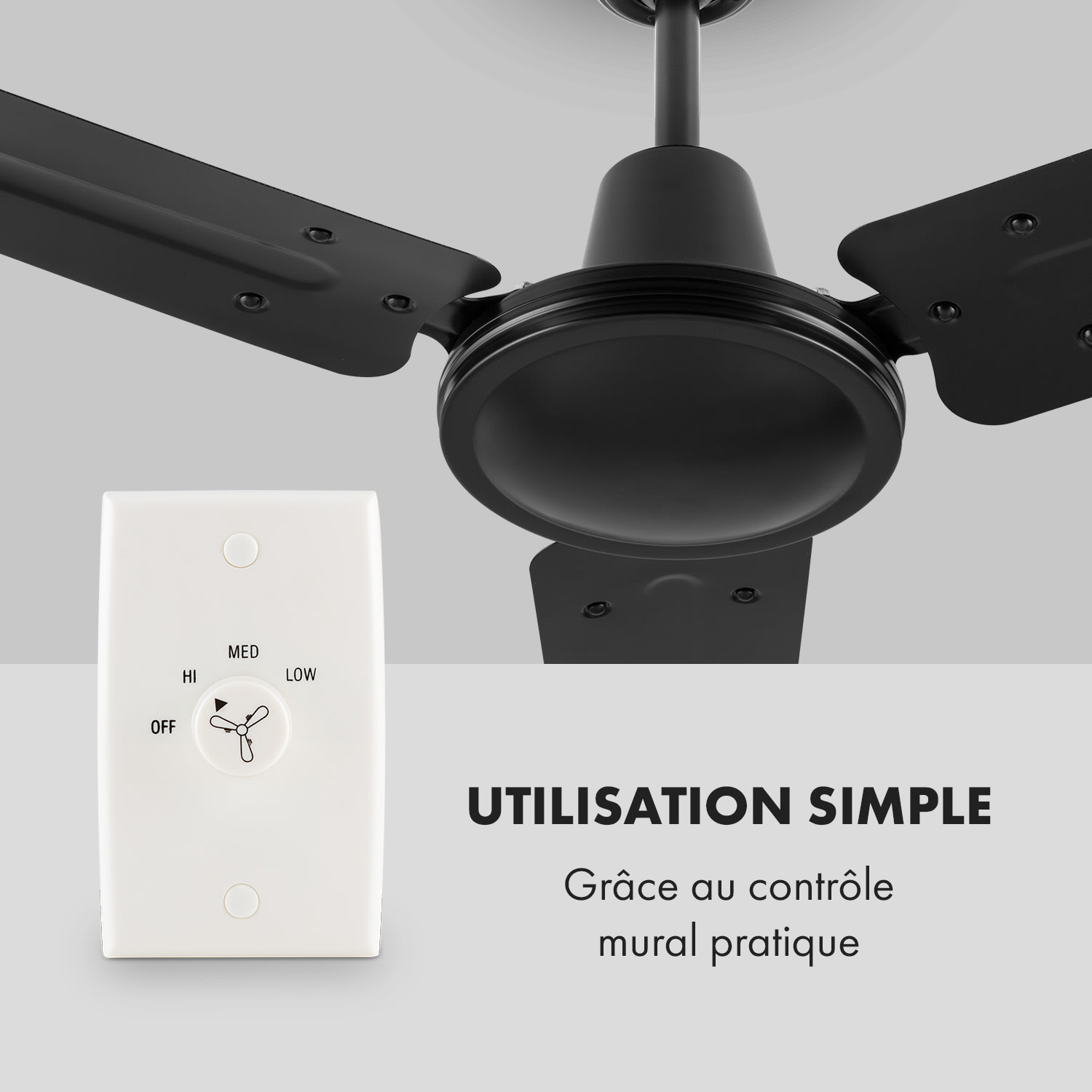 Spin Doctor ventilateur de plafond 122 cm 55 W 3 pales inox - noir 122 cm (pièces de 13 à 25 m²) | Contrôle mural | Noir
