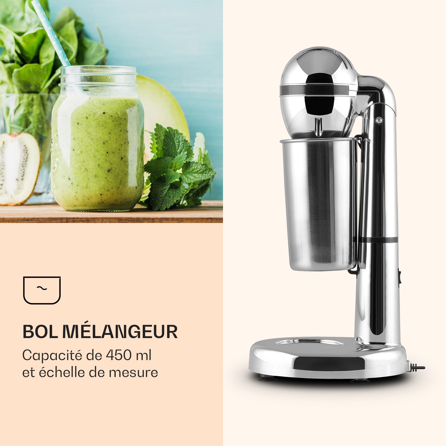 Shaker Mélangeur de boissons van Damme 100W shaker en acier inoxydable de 450 ml Argent