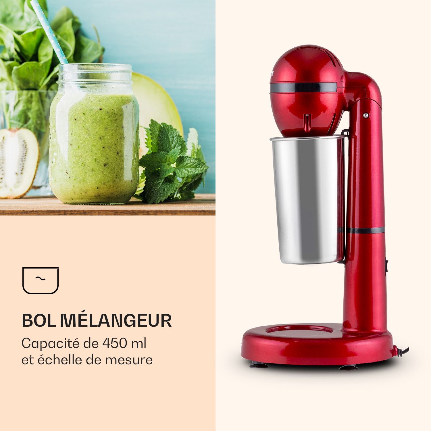 Shaker Mélangeur de boissons van Damme 100W Shaker en acier inoxydable de 450 ml Rouge