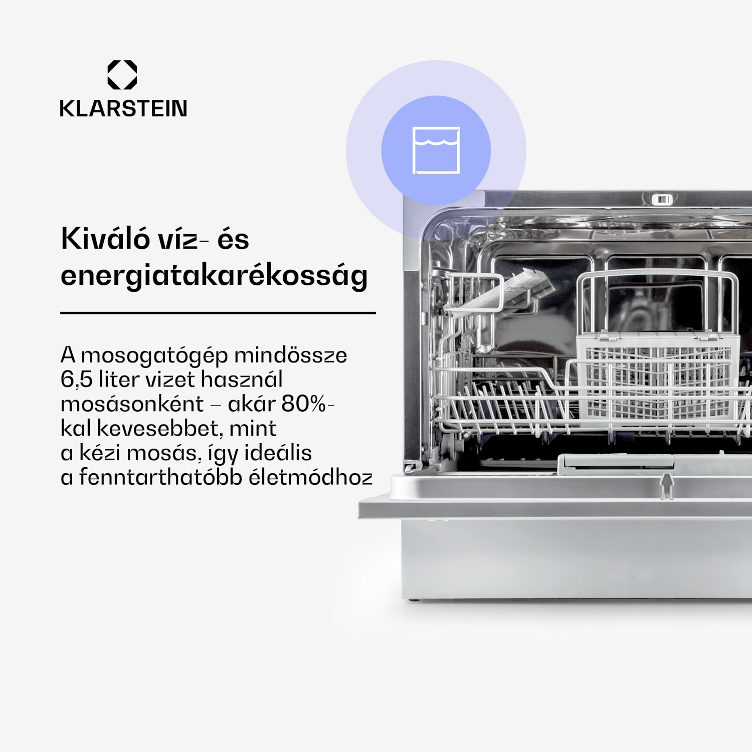 Amazonia 6, mosogatógép, 1300 W, 6 teríték, F energiahatékonysági osztály, 49 dB, nyomógombos vezérlés Ezüst metál